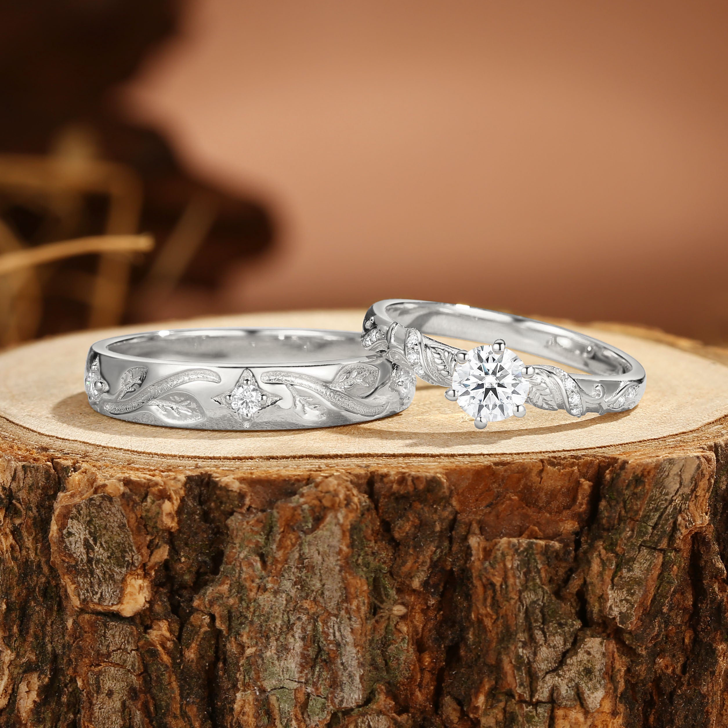 Marcella - Moissanite Leaf Engraving Vintage Couple Ring