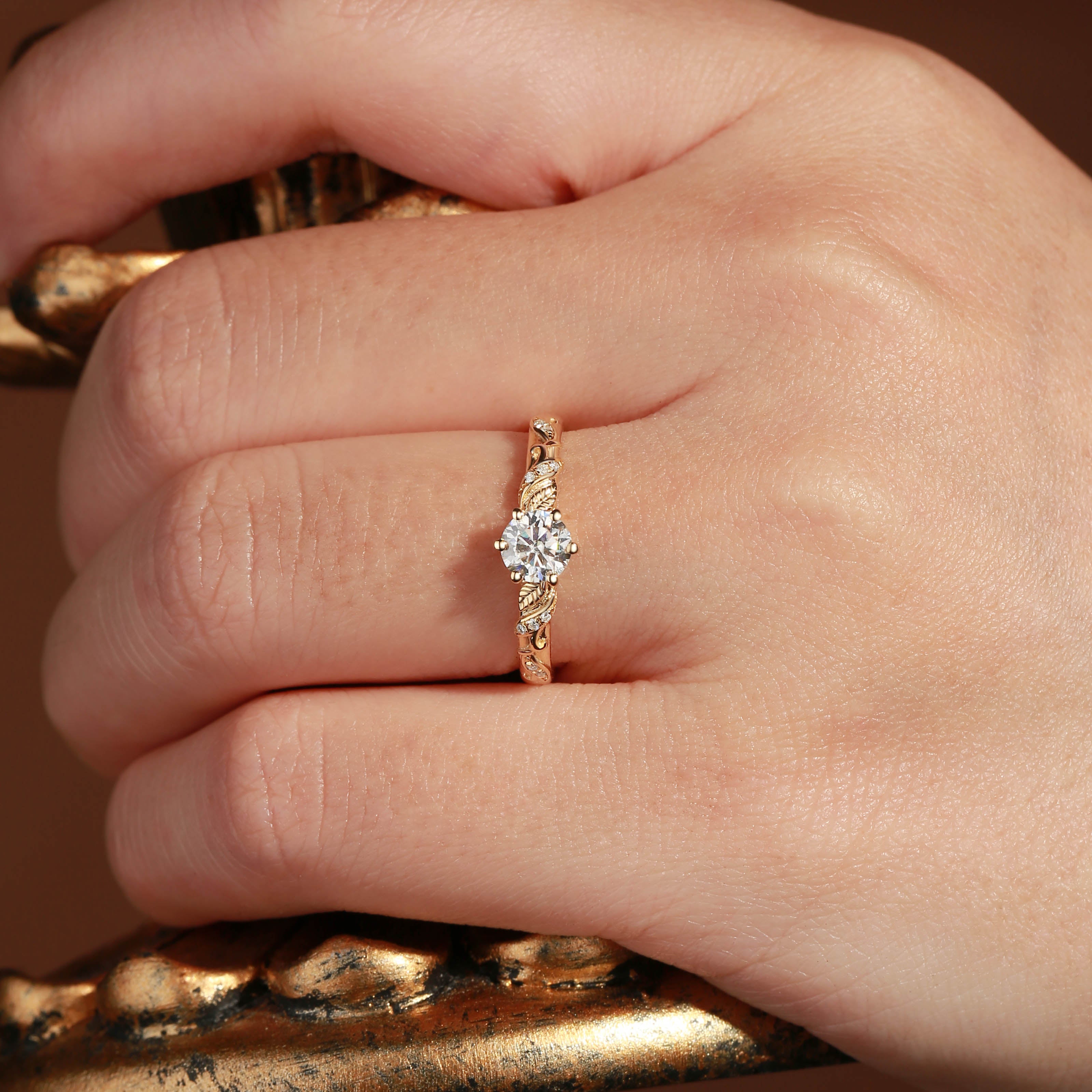 Marcella - Round Cut Moissanite Vintage Leaf Engagement Ring