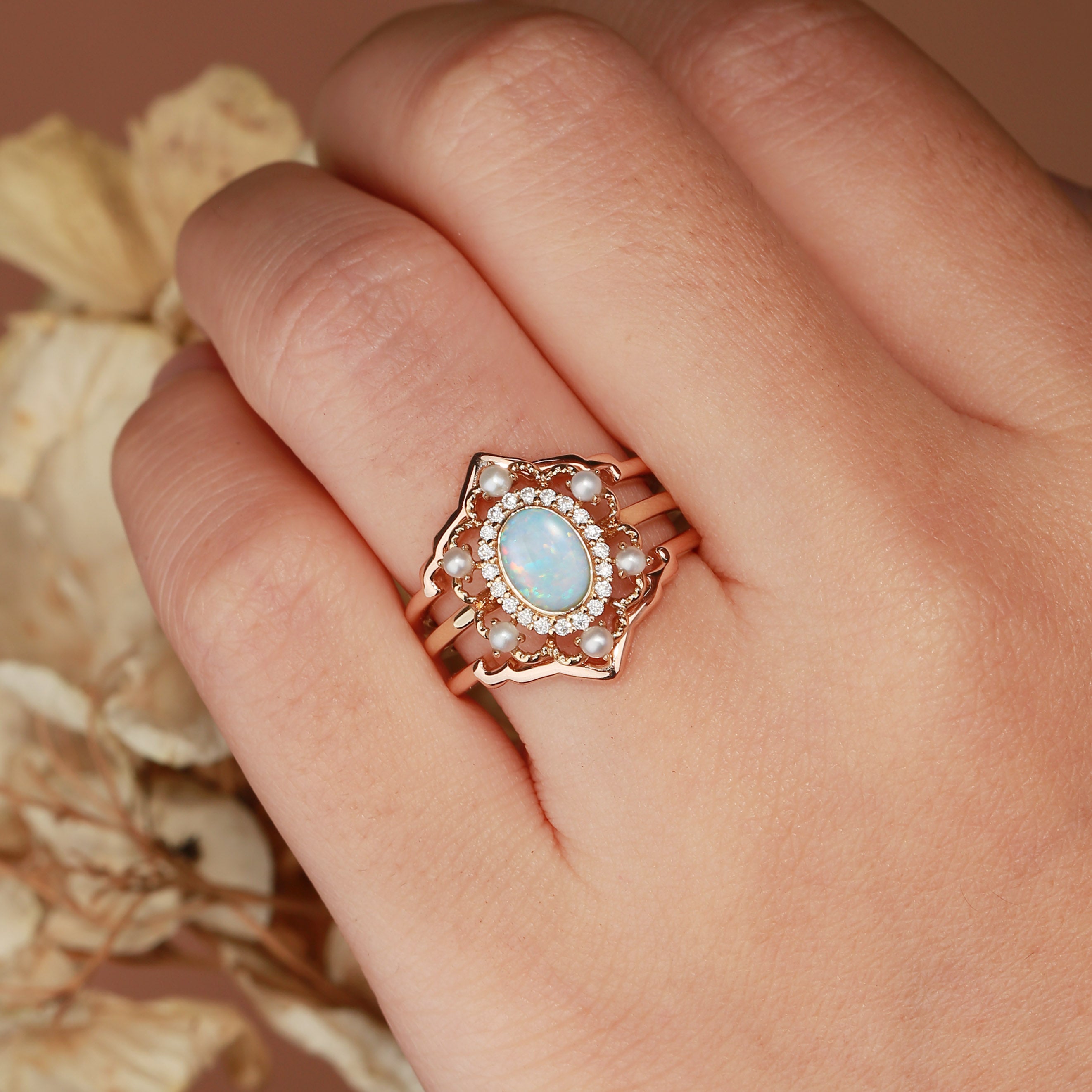 Opaline - Opal & Pearl Halo Vintage Engagement Ring Set 2pcs