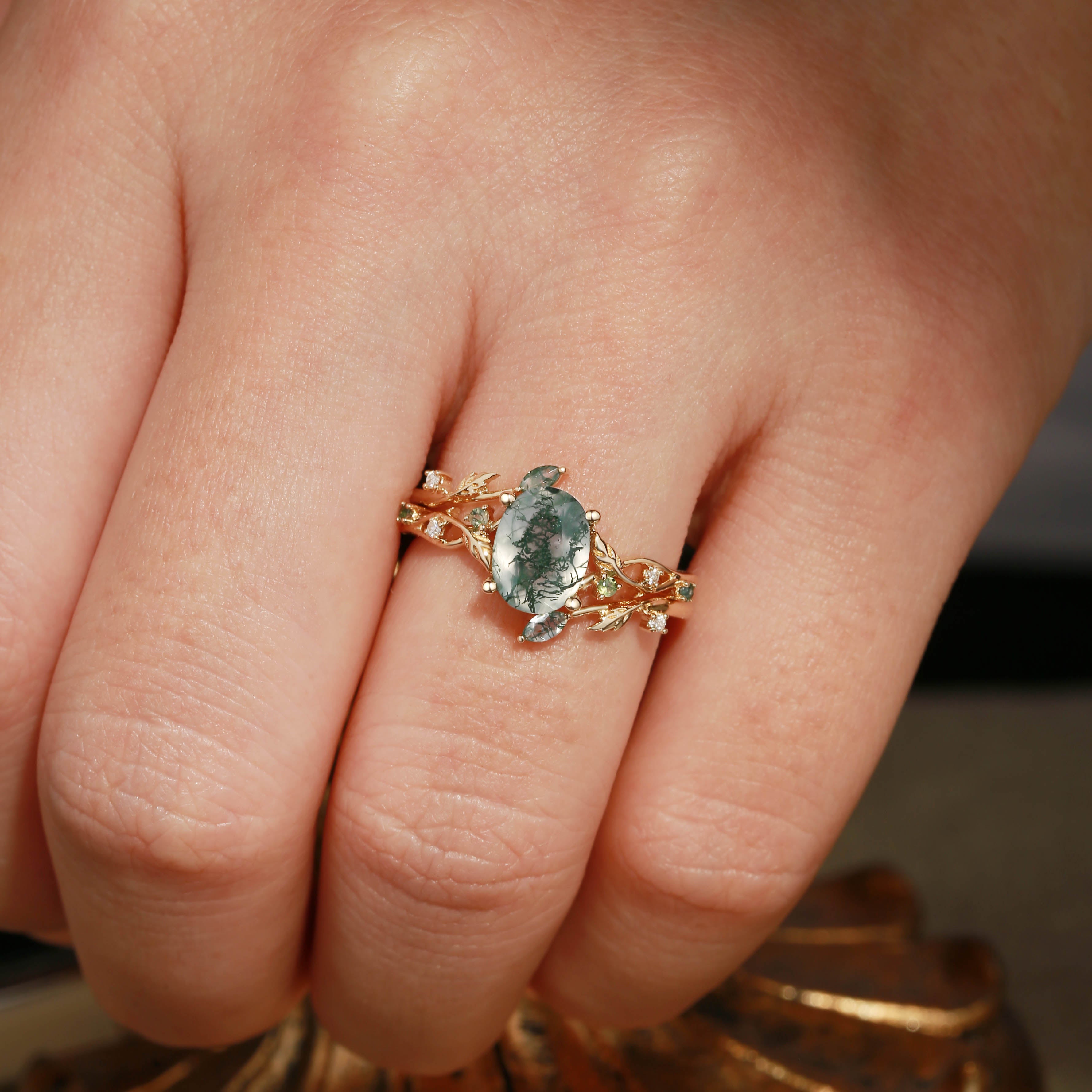 Alba - Green Moss Agate Leaf Engagement Ring Set 2pcs