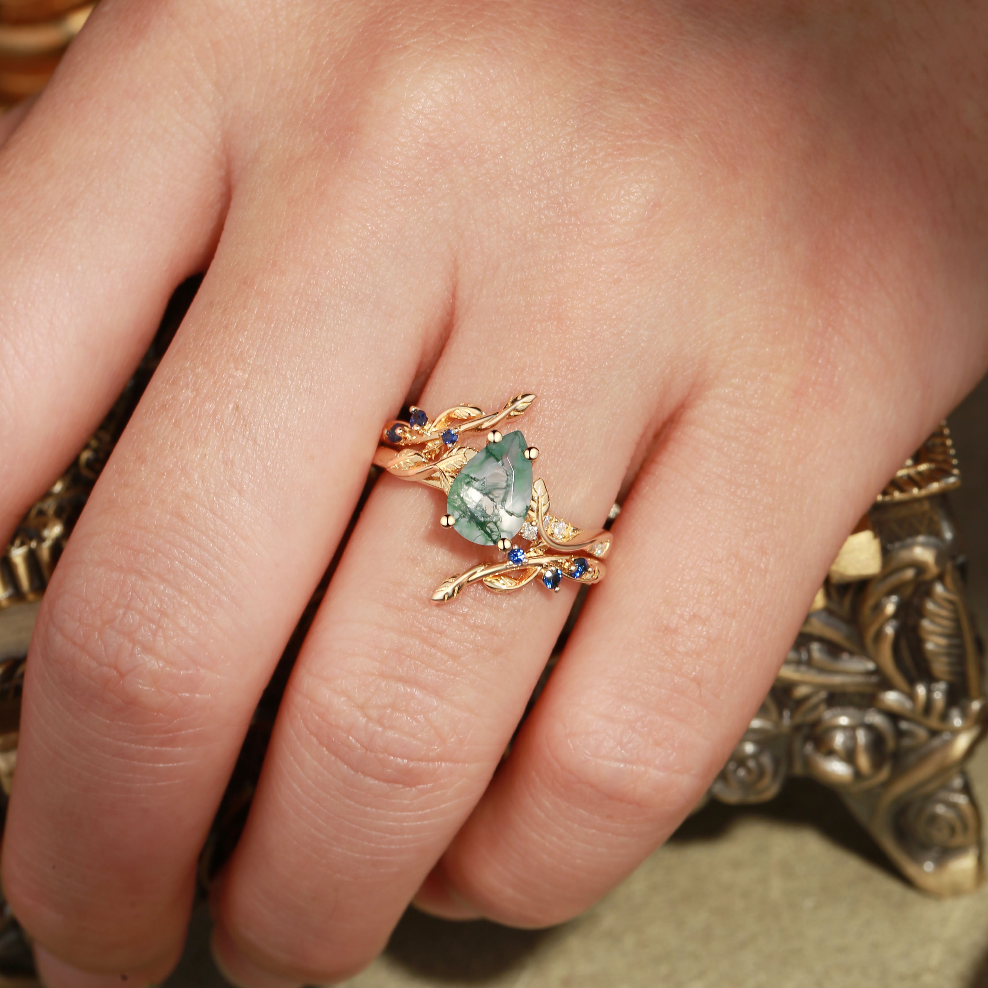 Hyacinthe - Moss Agate & Sapphire Engagement Enhancer Ring Set 2pcs