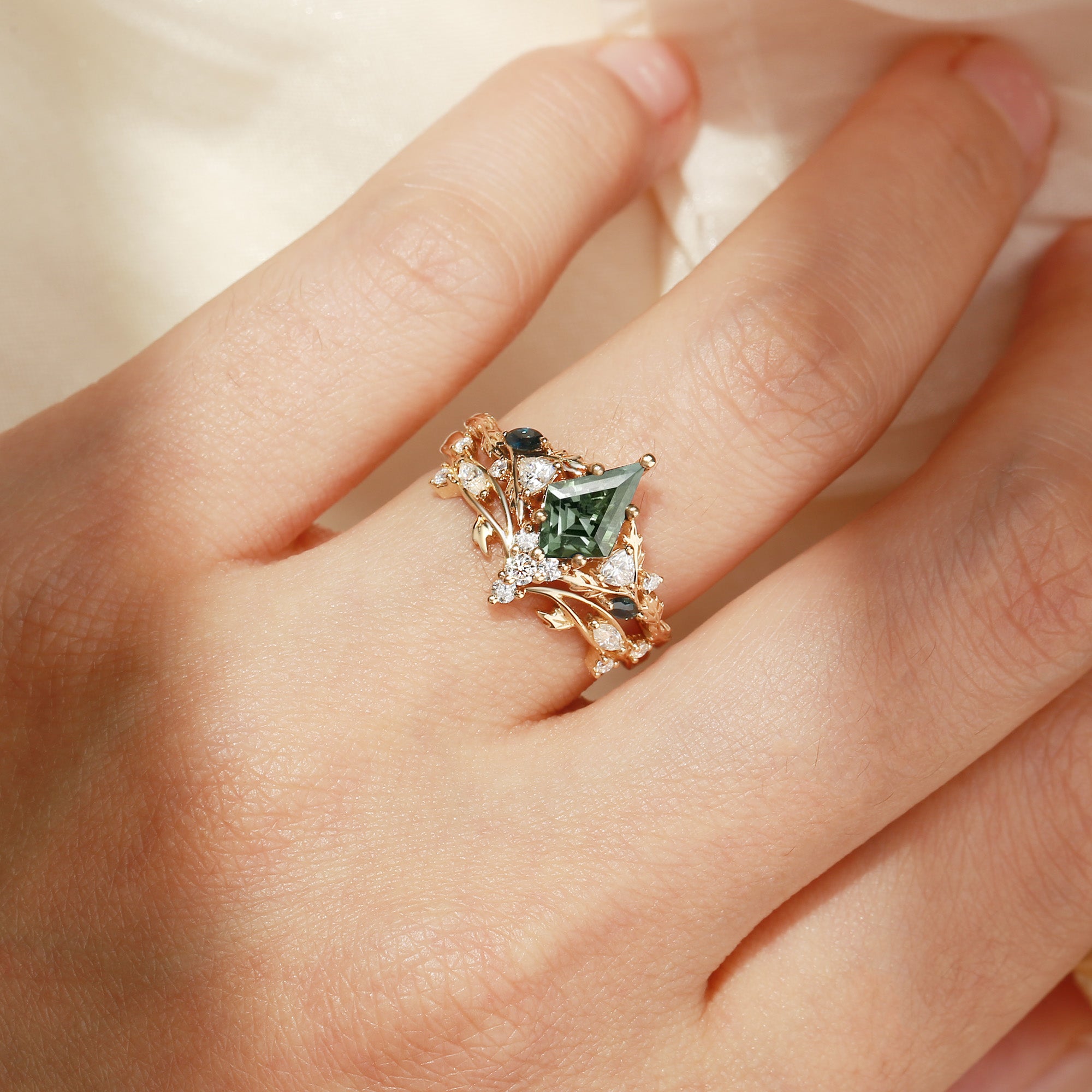 Katriel - 1.5CT Kite Cut Lab Green Sapphire Oak Leaf Fairy Bridal Sets 2pcs