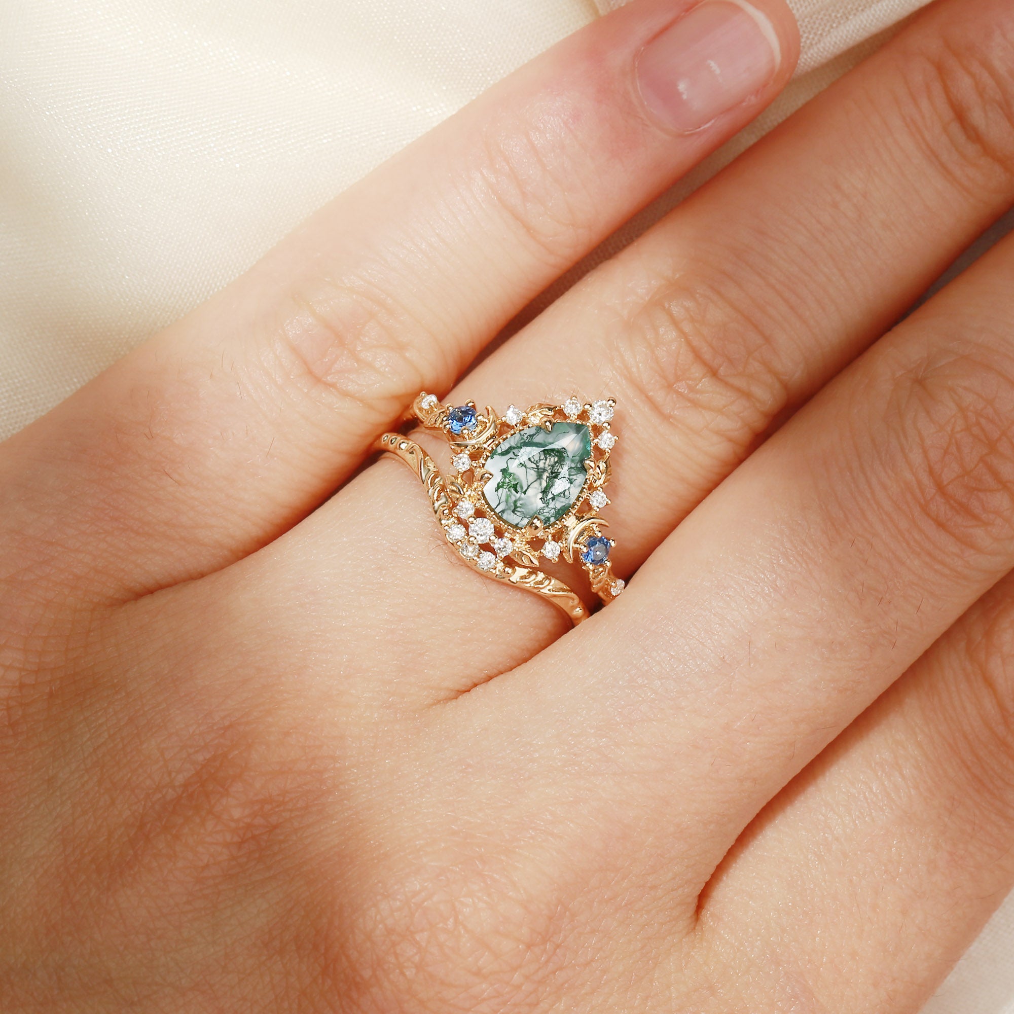 Yuna - Unique Moonlight Moss Agate Pear Cut Vine Leaf Ring Bridal Sets 2pcs