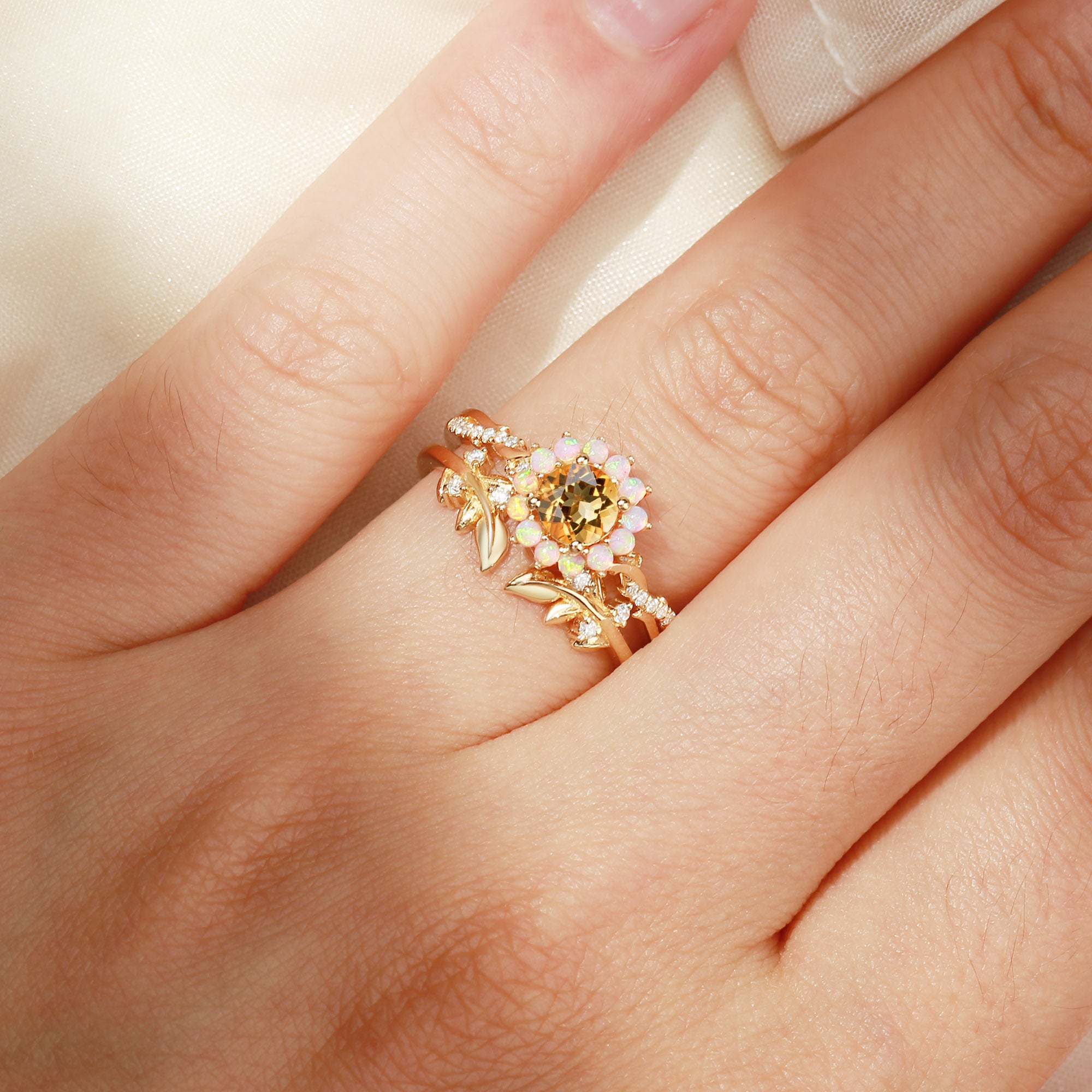 Flora - Halo Round Cut Citrine Leaf Twist Ring Bridal Sets 2pcs