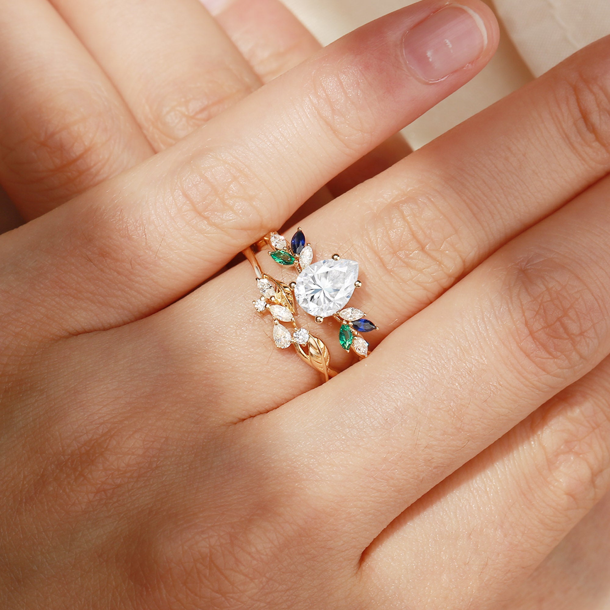 Abella - Pear Cut Moissanite & Sapphire & Emerald Butterfly Leaf Bridal Sets 2pcs