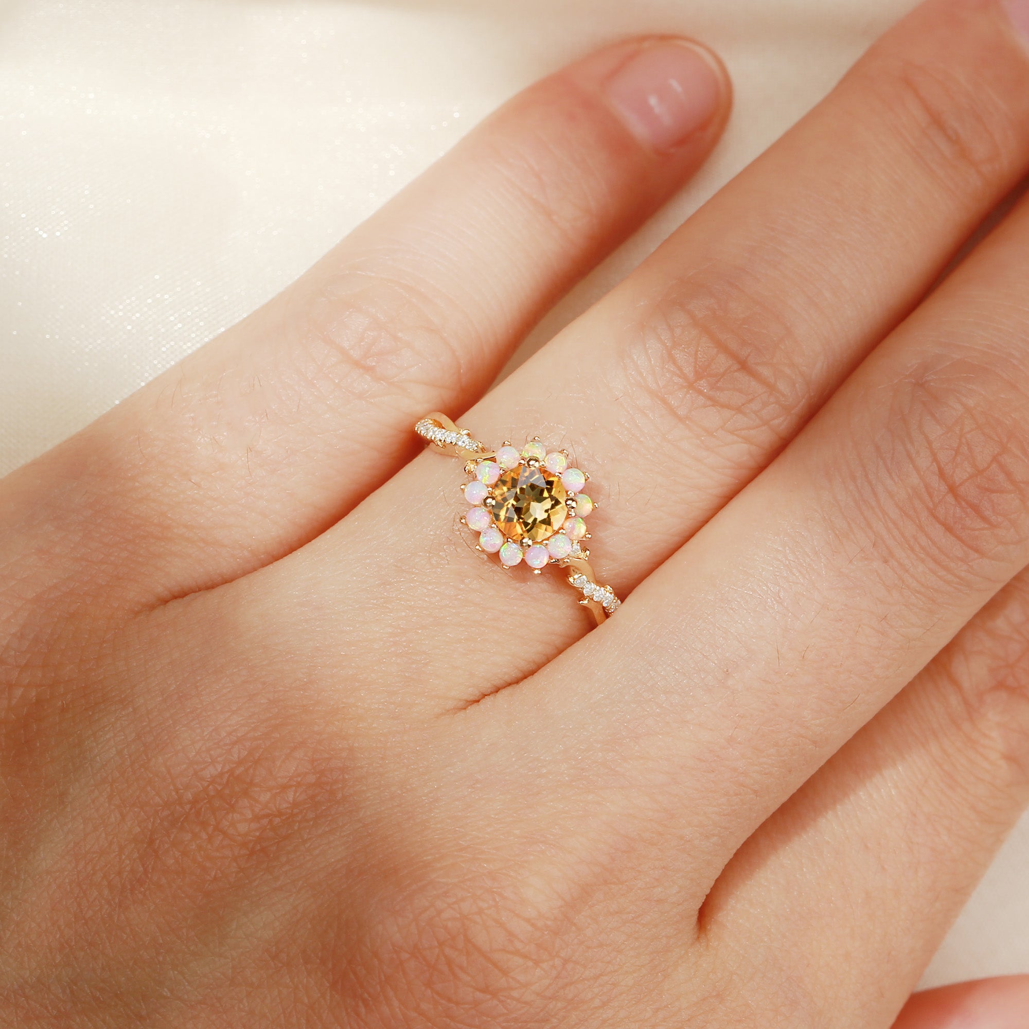 Flora - Halo Round Cut Citrine Leaf Twist Engagement Ring