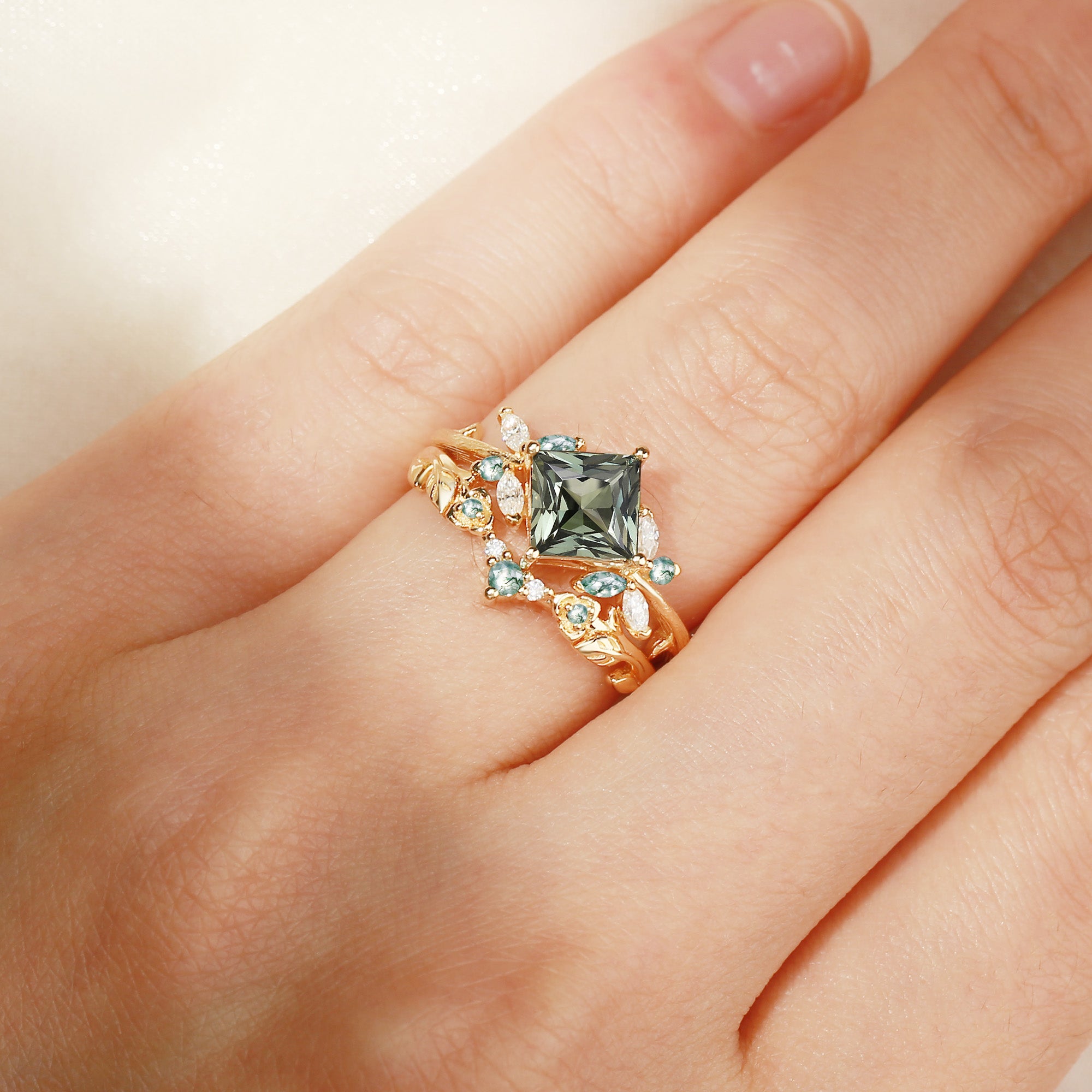 Glenna - Princess Cut Lab Green Sapphire Butterfly Fairy Bridal Sets 2pcs