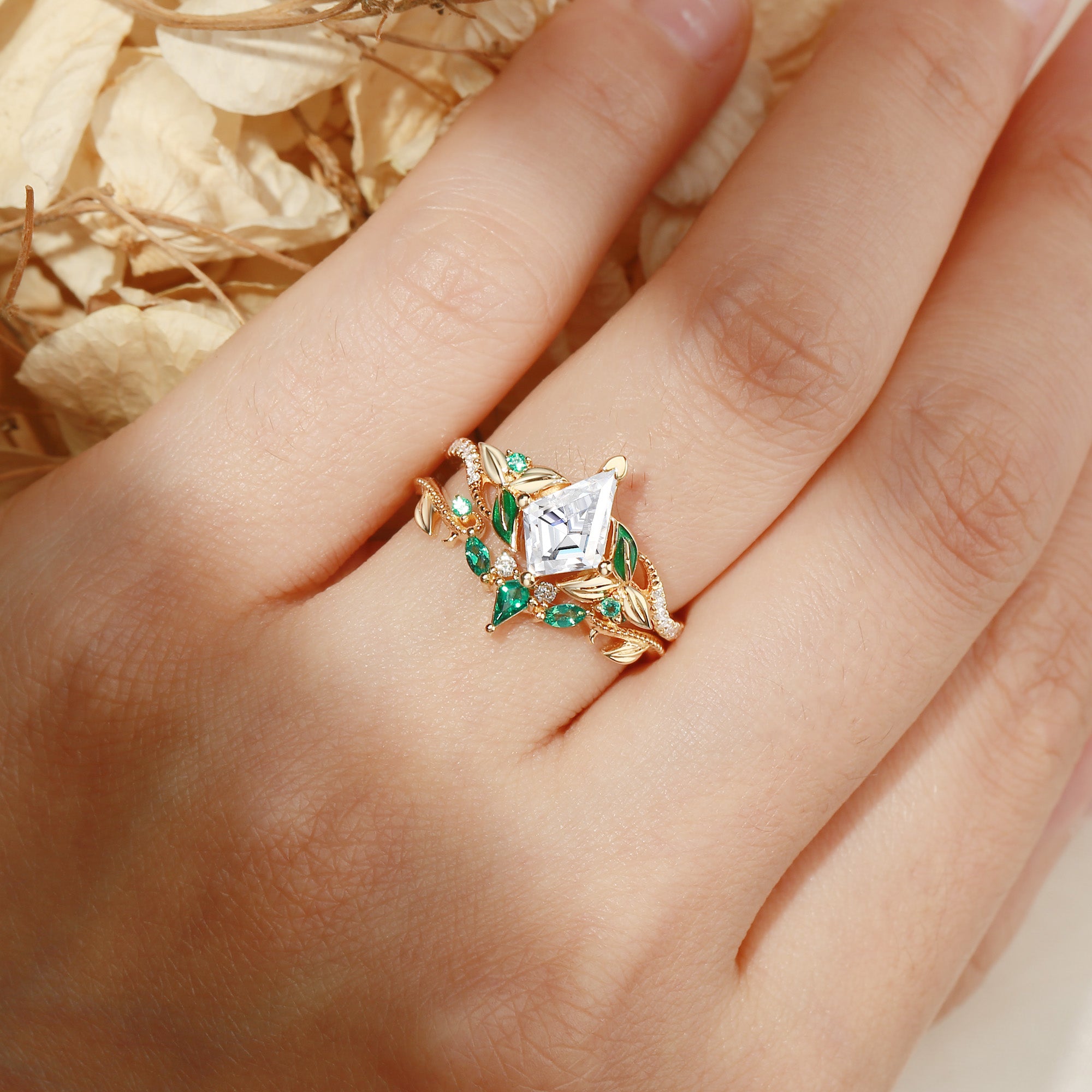 Faye - Unique Kite Cut Moissanite Leaf Enamel Fairy Bridal Sets 2pcs