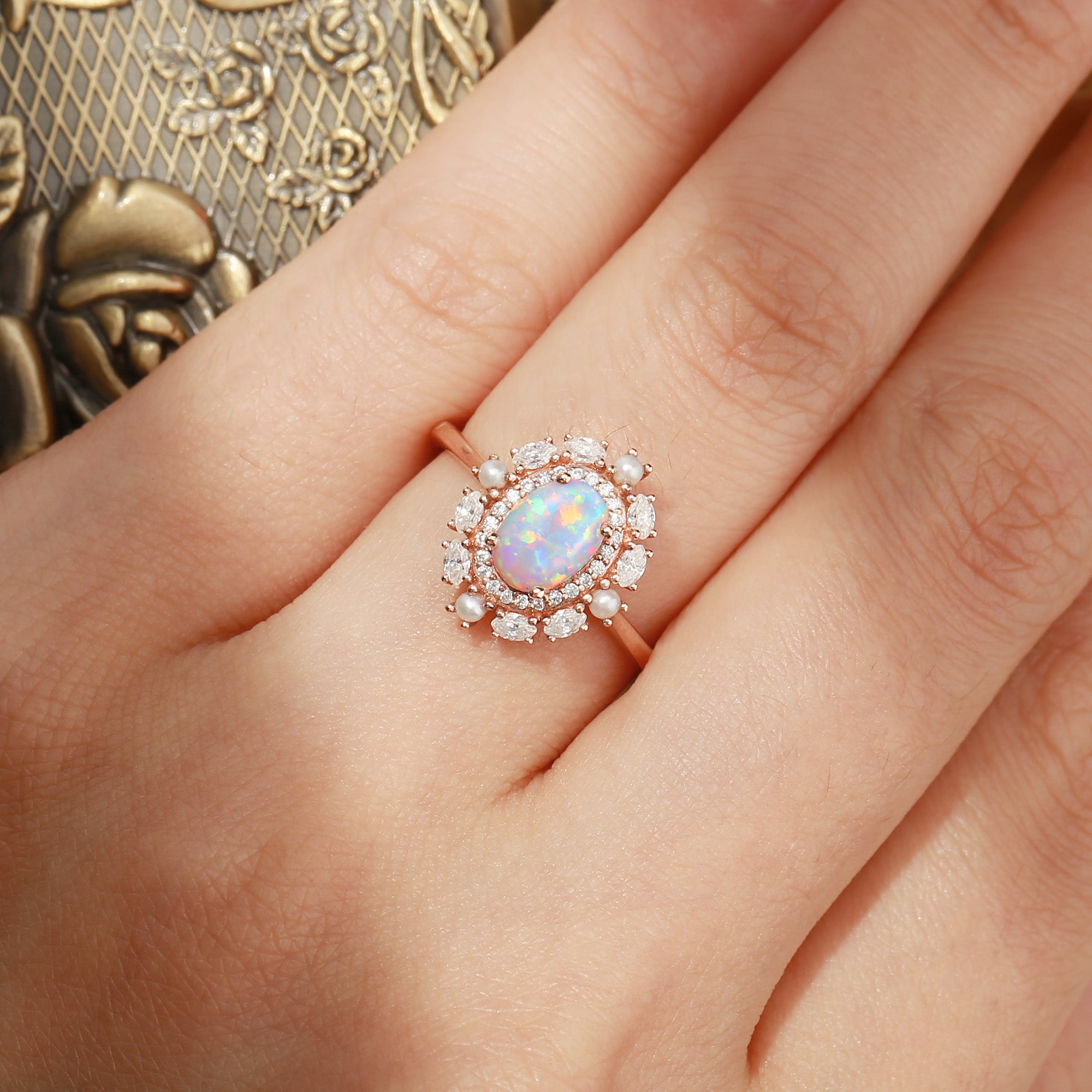Odessa - Opal & Pearl Bouble Halo Engagement Ring
