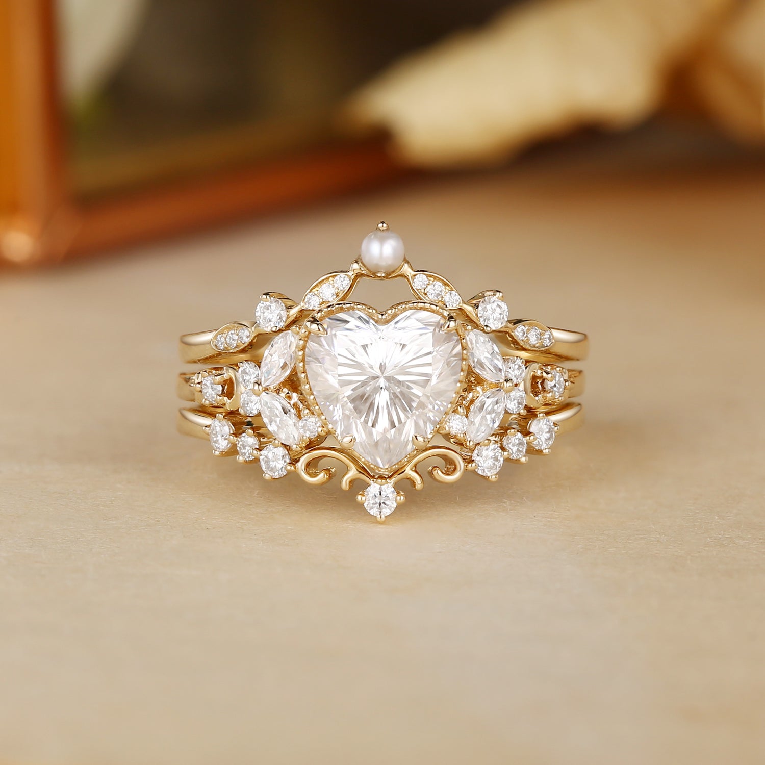 Blanche - Heart Cut Moissanite Butterfly Pearl Ring Bridal Sets 3pcs