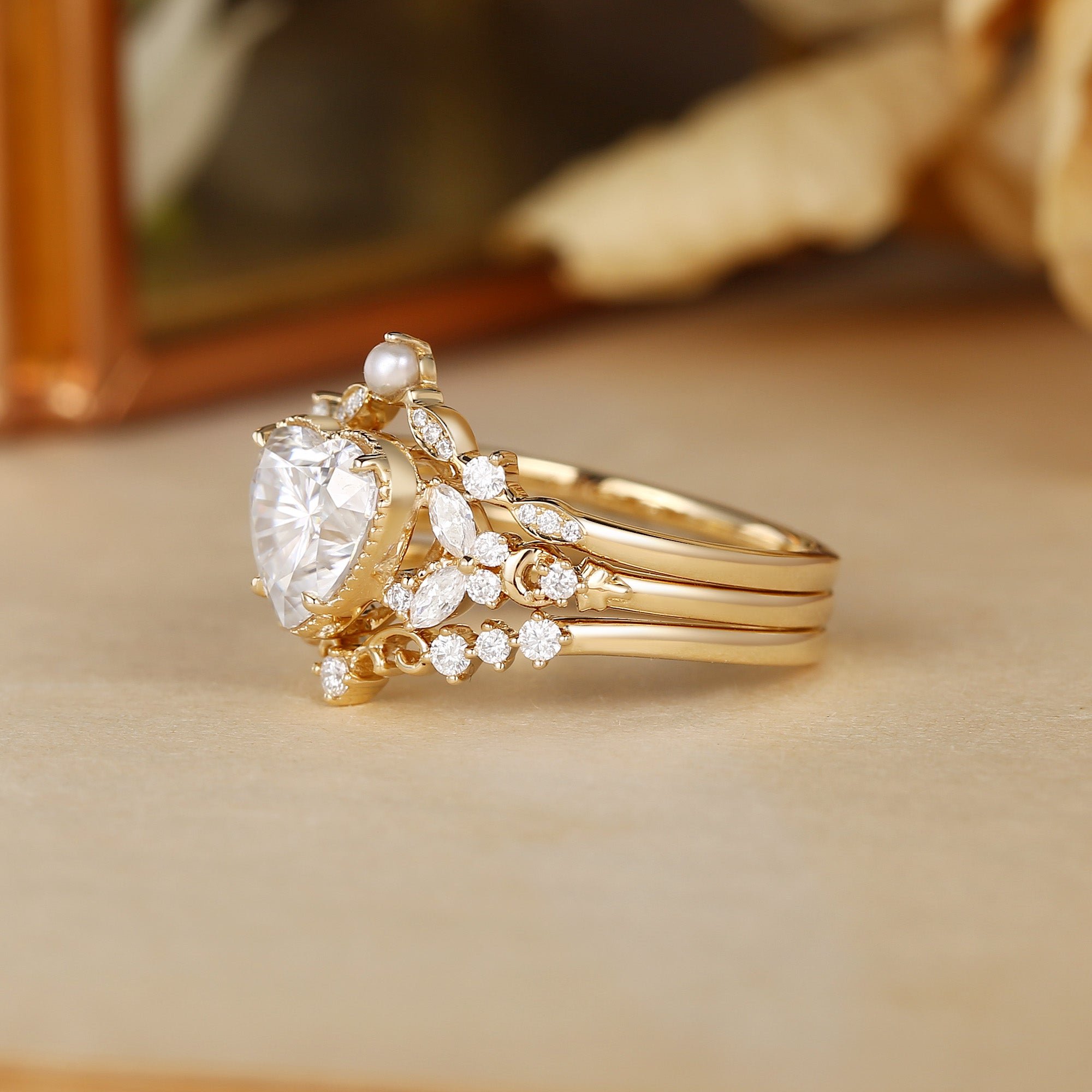 Blanche - Heart Cut Moissanite Butterfly Pearl Ring Bridal Sets 3pcs