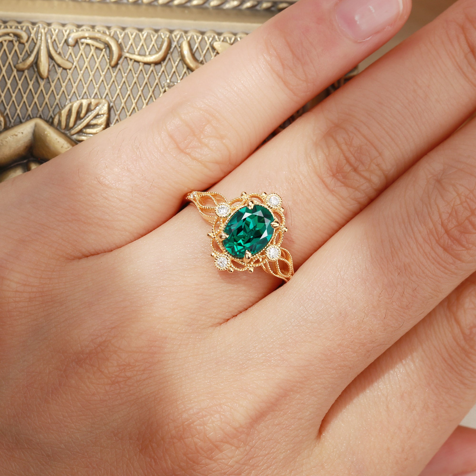 Giselle - Oval Cut Lab Emerald Gold Milgrain Vintage Engagement Ring