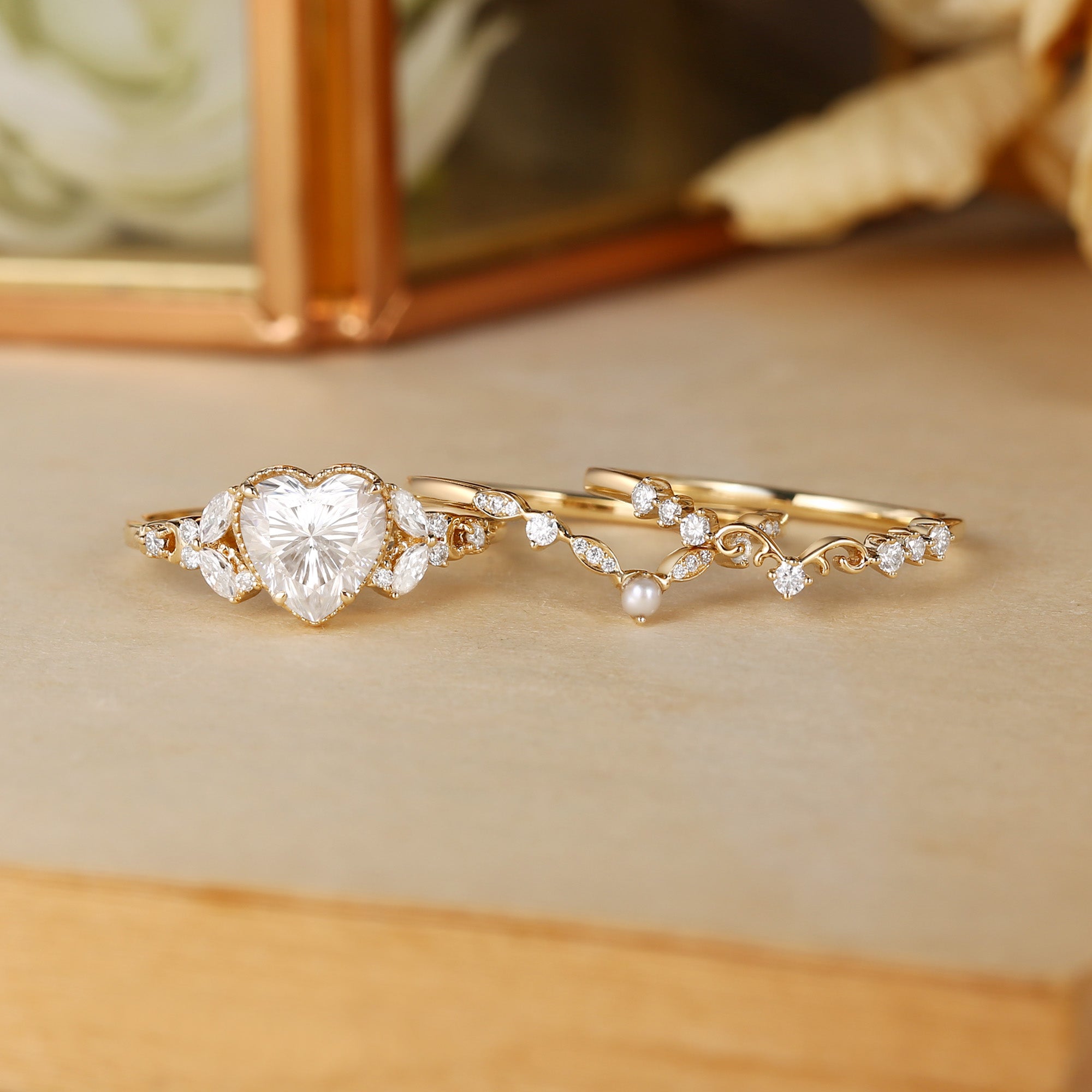 Blanche - Heart Cut Moissanite Butterfly Pearl Ring Bridal Sets 3pcs