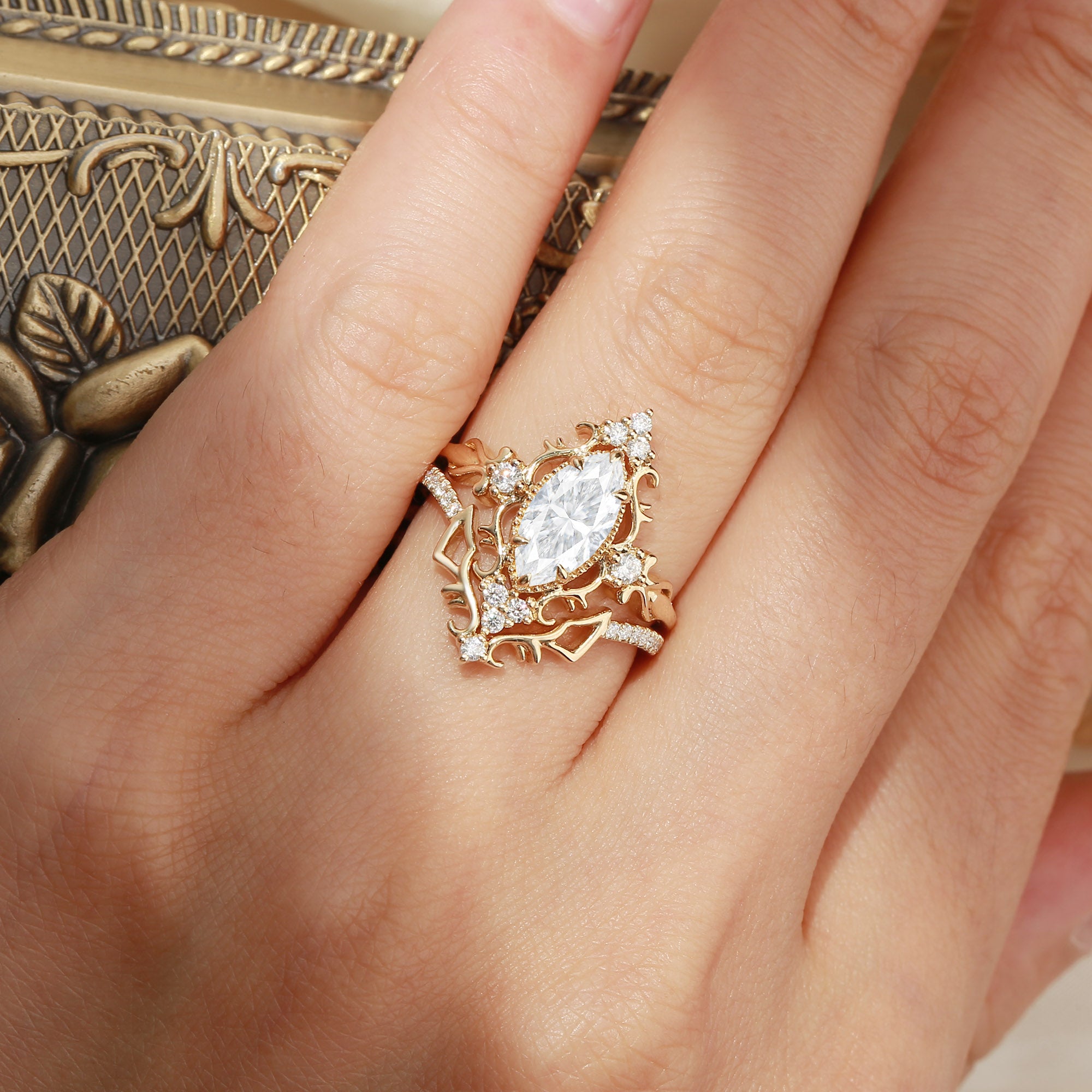 Eugenie - Marquise Cut Moissanite Victorian Vintage Ribbon Bridal Sets 2PCS