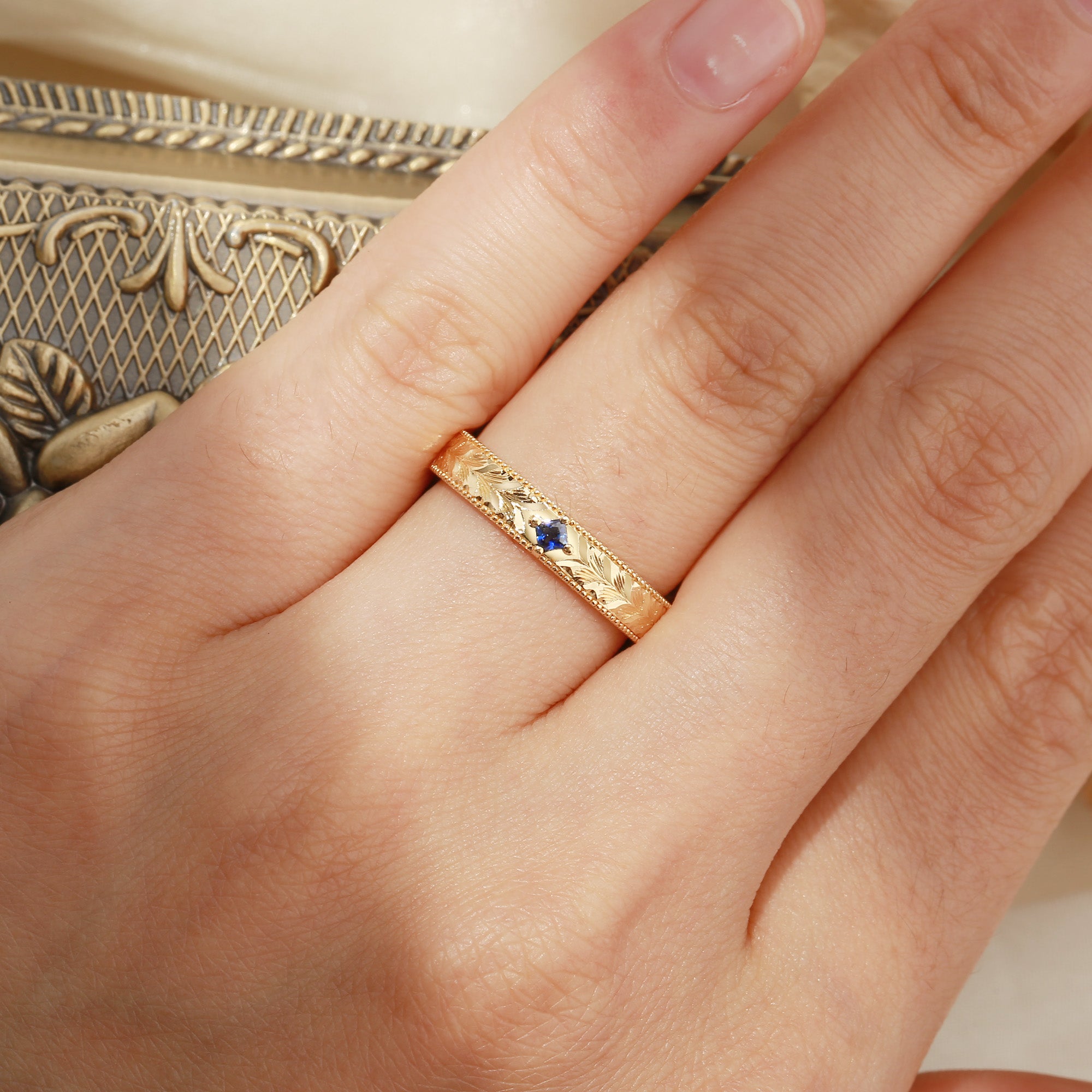 Wedding Band - Leaf-Inspired Hand-Engraved Royal Promise Ring