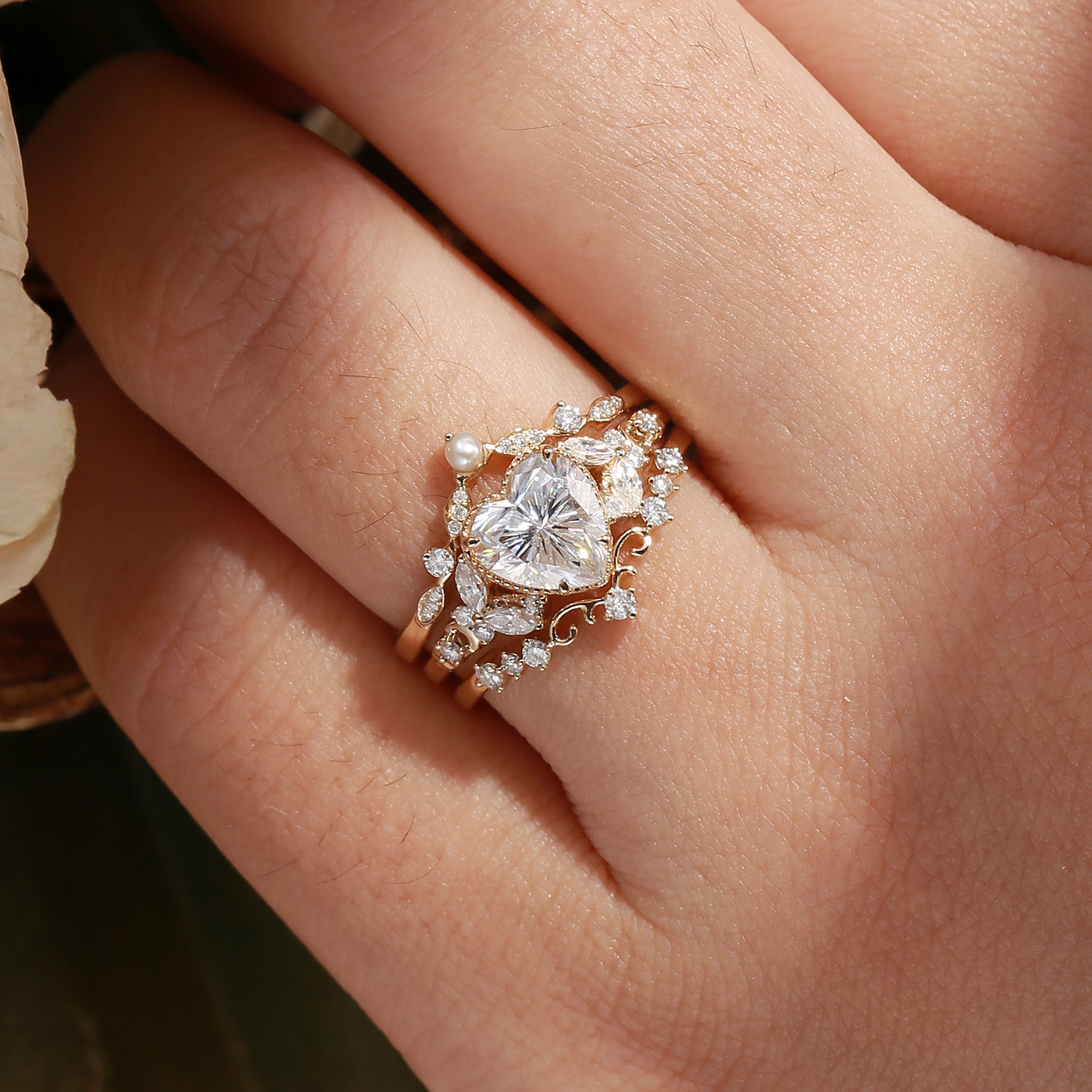 Blanche - Heart Cut Moissanite Butterfly Pearl Ring Bridal Sets 3pcs