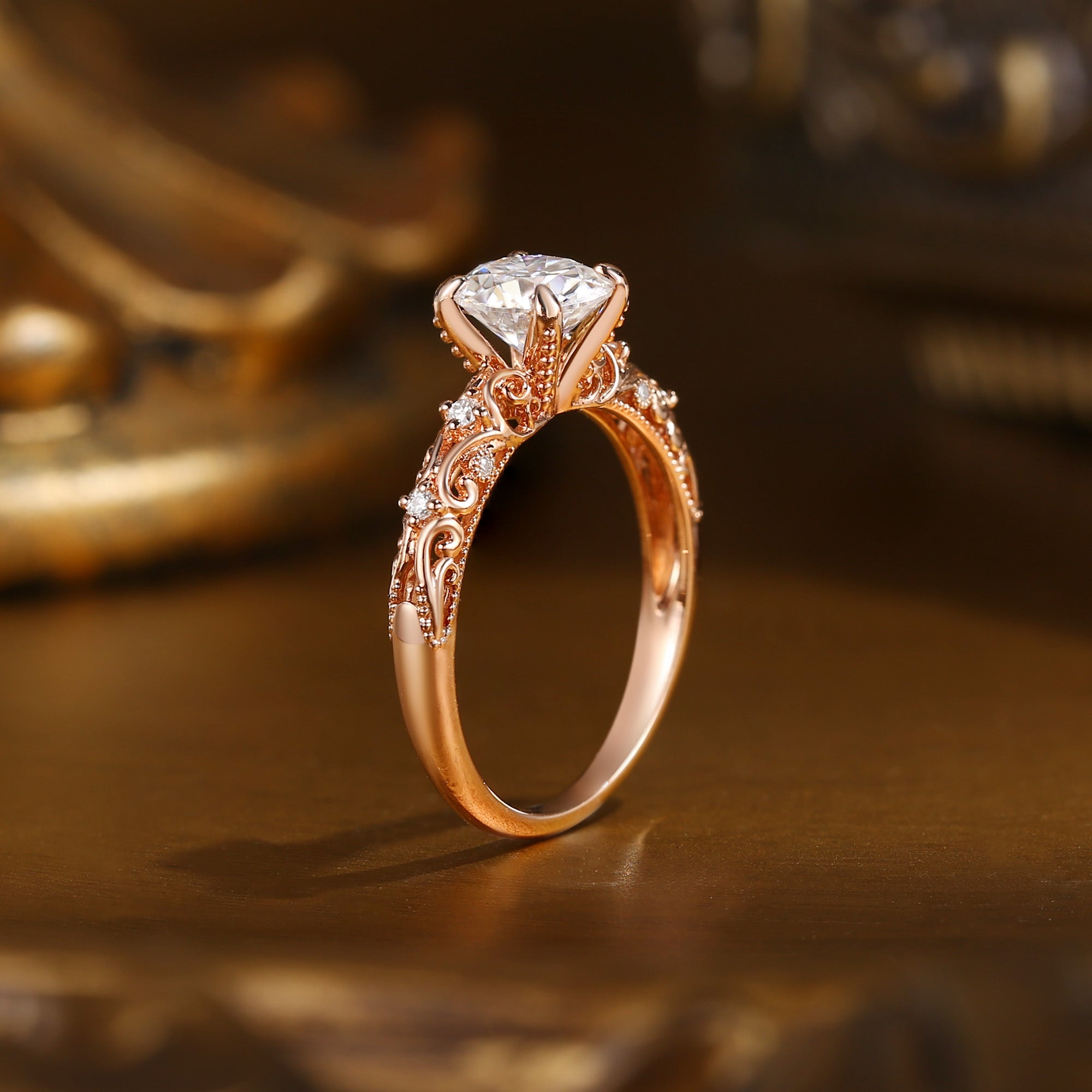 Priscille - Chunky Round Cut Moissanite Victorian Engagement Ring