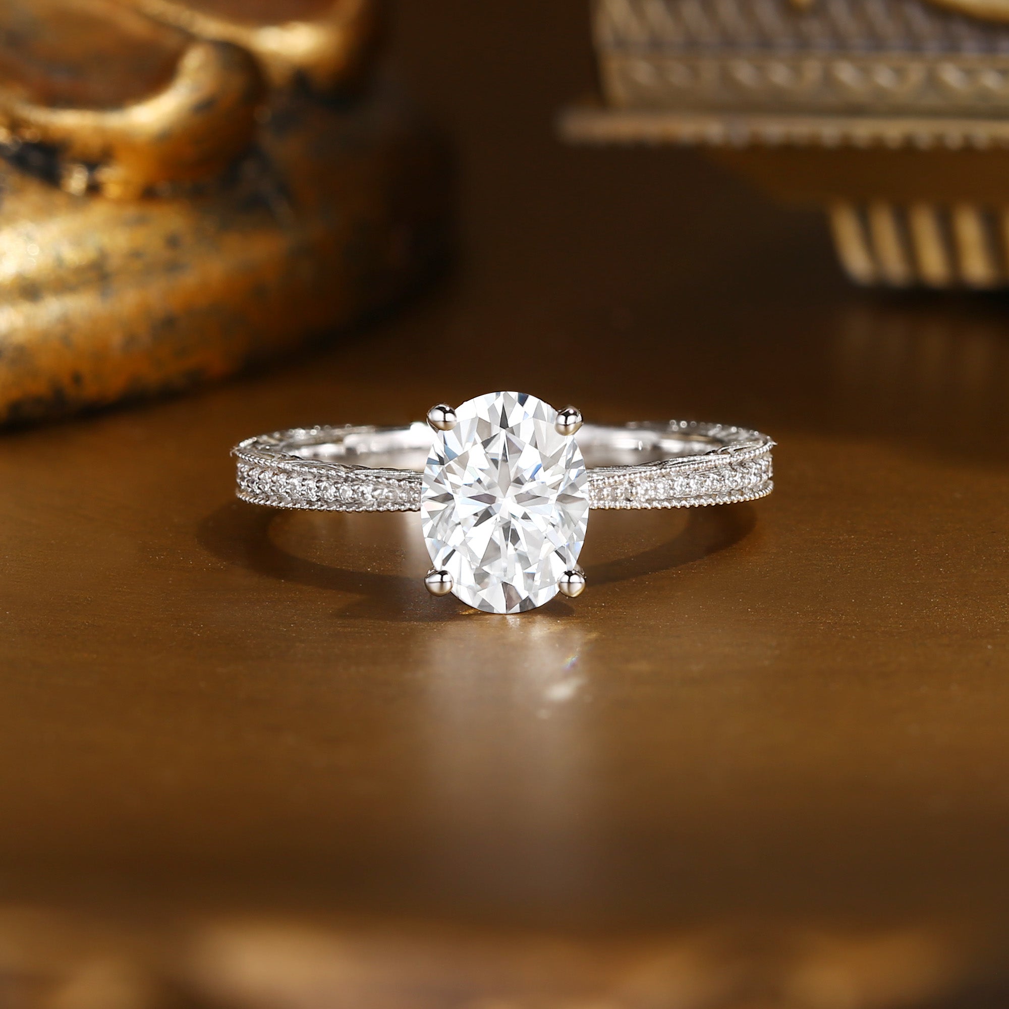 Anastasie - Vintage Engraved Milgrain Oval Cut Moissanite Relief Engagement Ring
