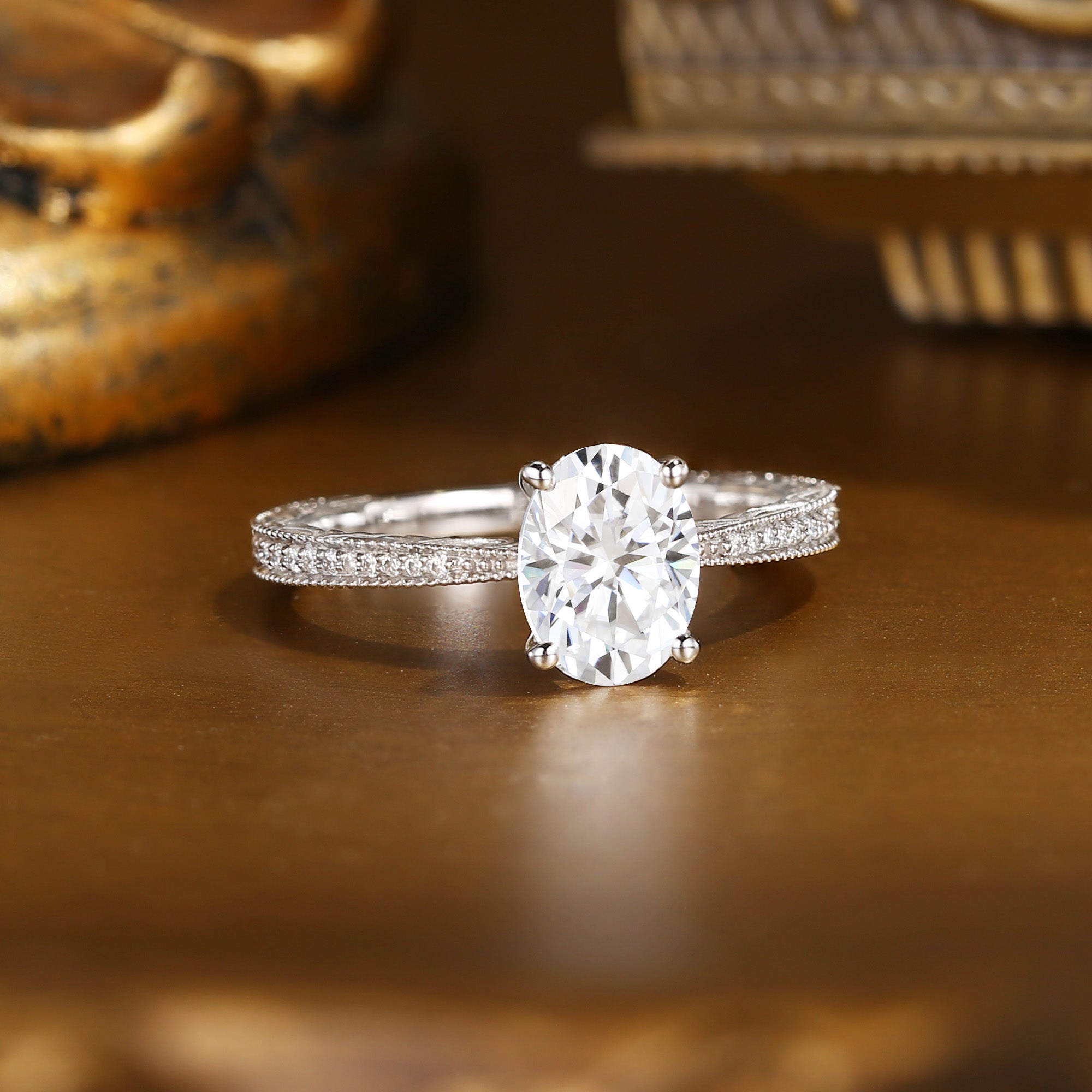 Anastasie - Vintage Engraved Milgrain Oval Cut Moissanite Relief Engagement Ring