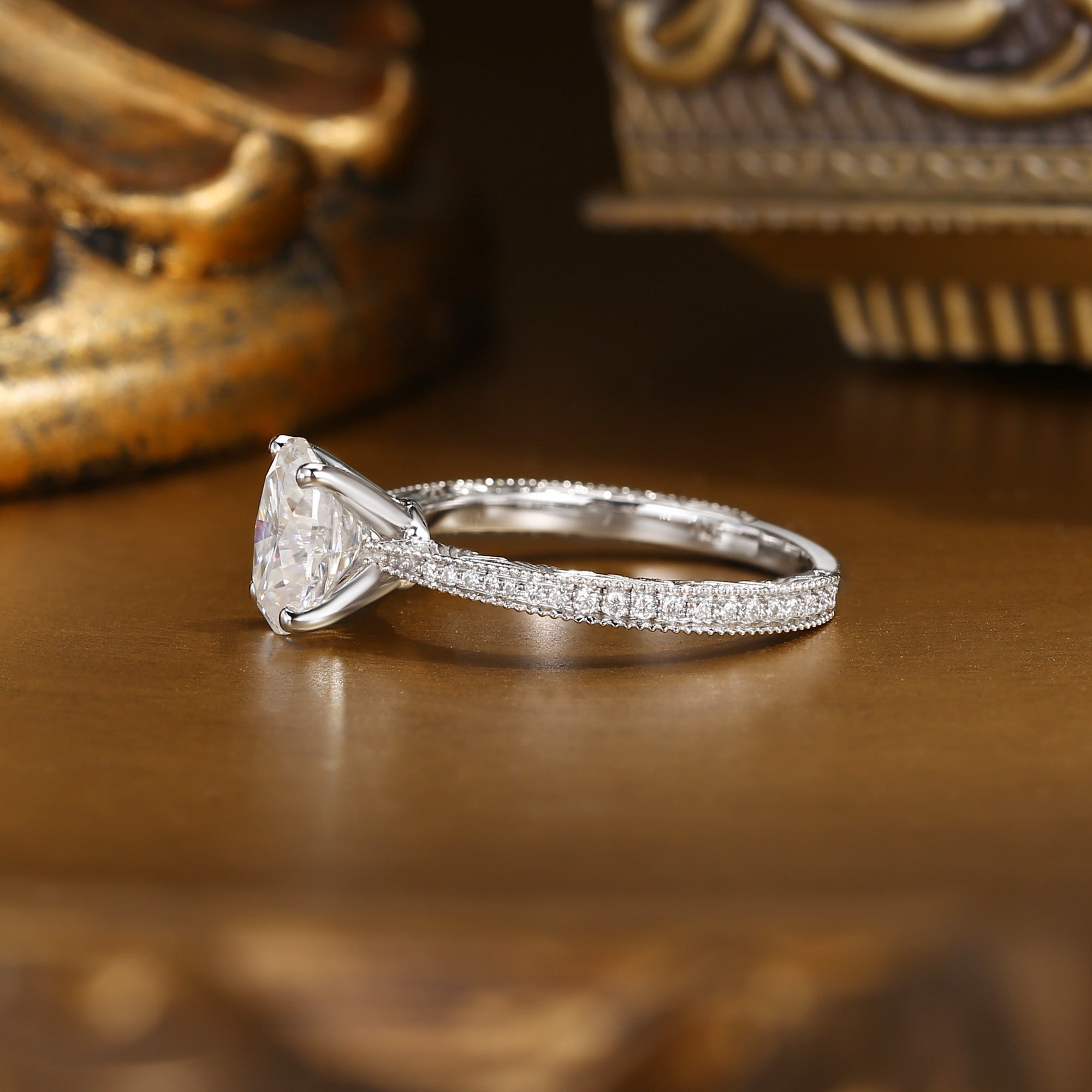 Anastasie - Vintage Engraved Milgrain Oval Cut Moissanite Relief Engagement Ring