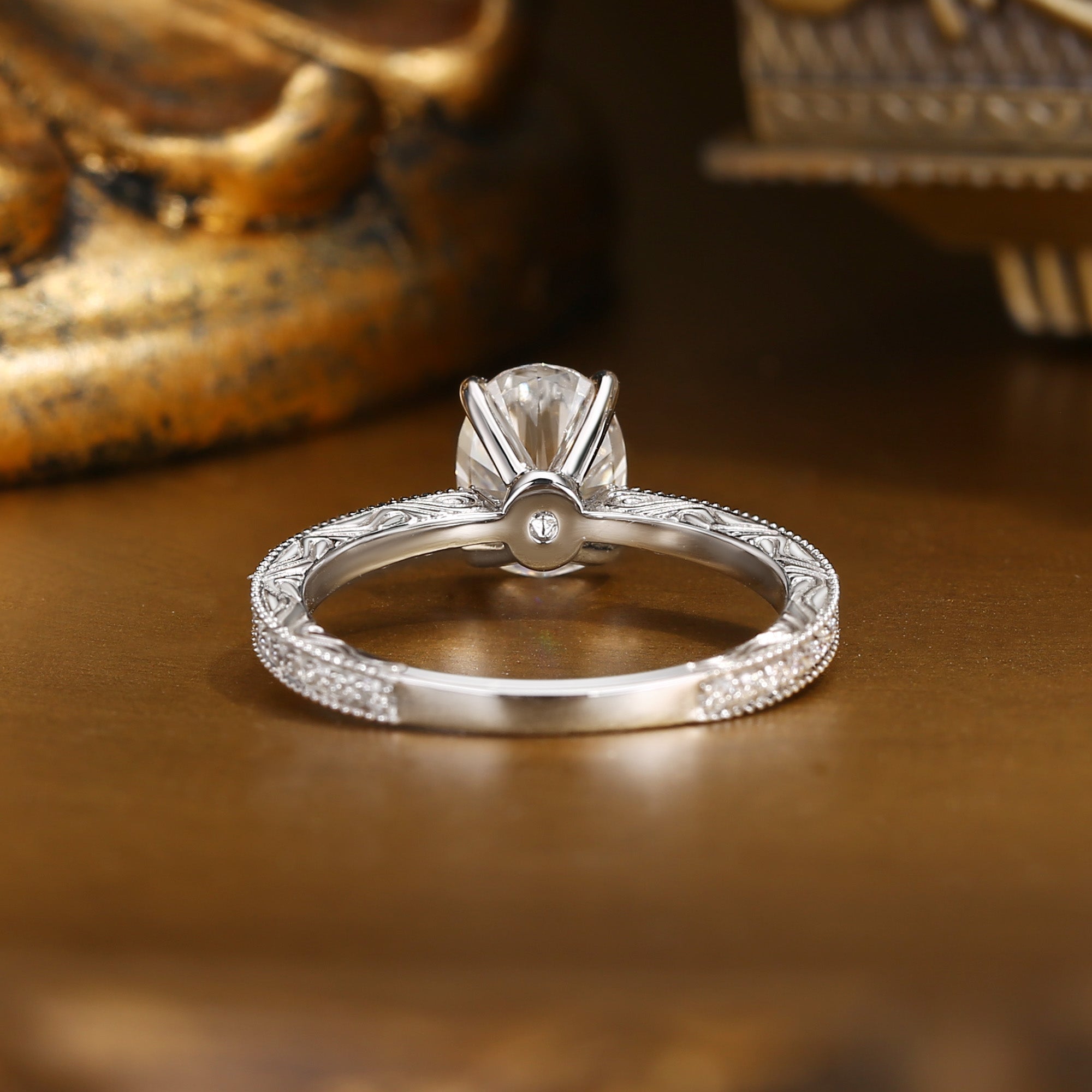 Anastasie - Vintage Engraved Milgrain Oval Cut Moissanite Relief Engagement Ring