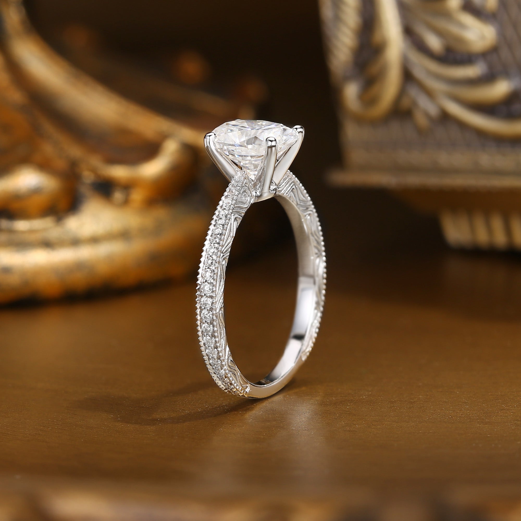 Anastasie - Vintage Engraved Milgrain Oval Cut Moissanite Relief Engagement Ring