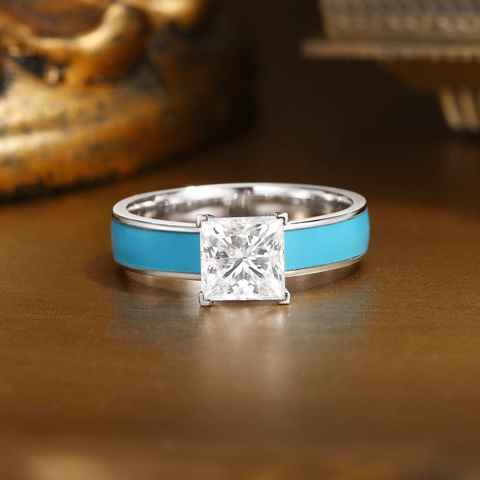 Estelle - Princess Cut Moissanite 6mm Turquoise Engagement Ring