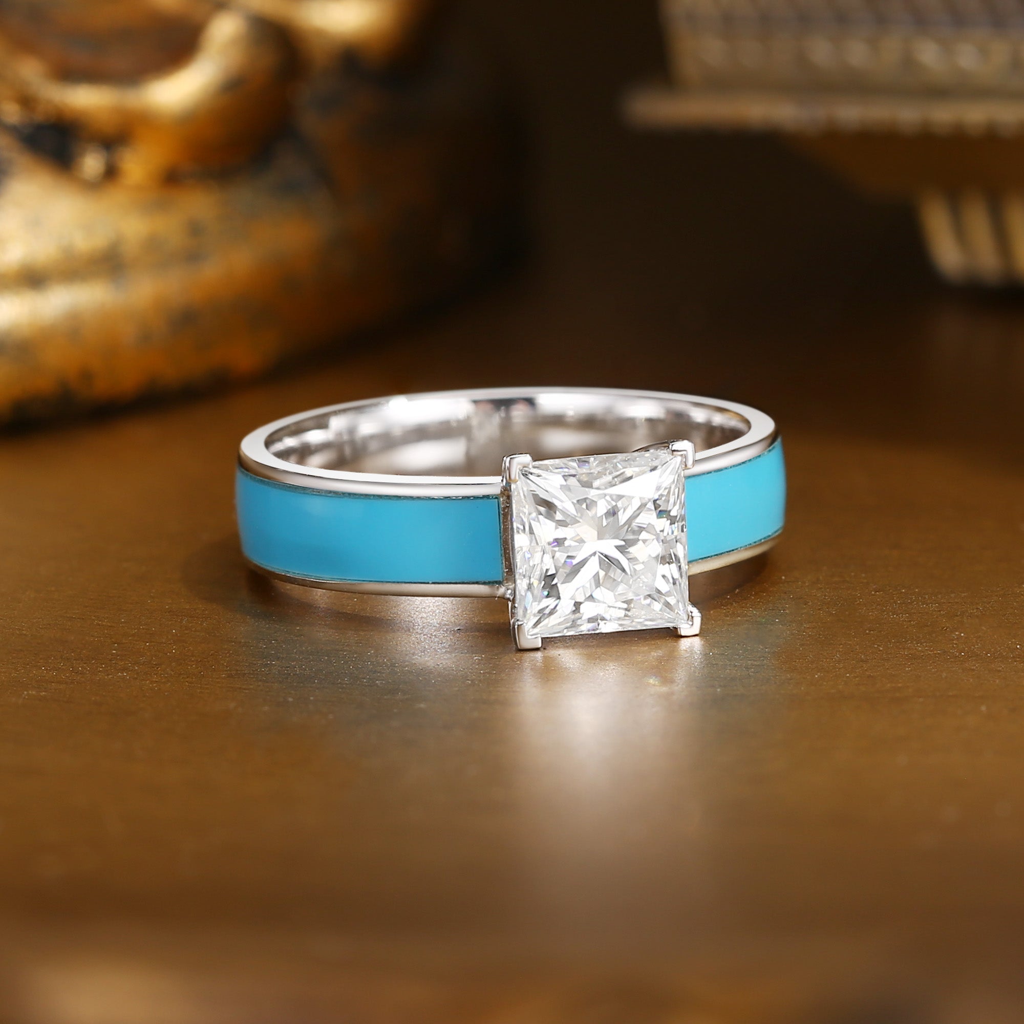 Estelle - Princess Cut Moissanite 6mm Turquoise Engagement Ring
