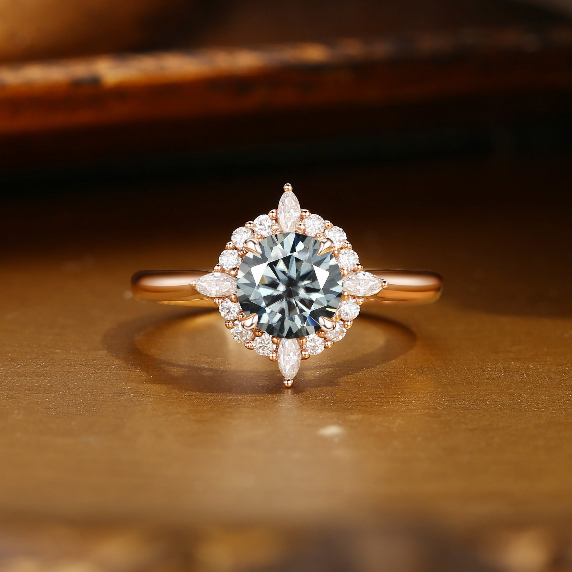 Gloria - Round Cut Grey Moissanite Halo Engagement Ring