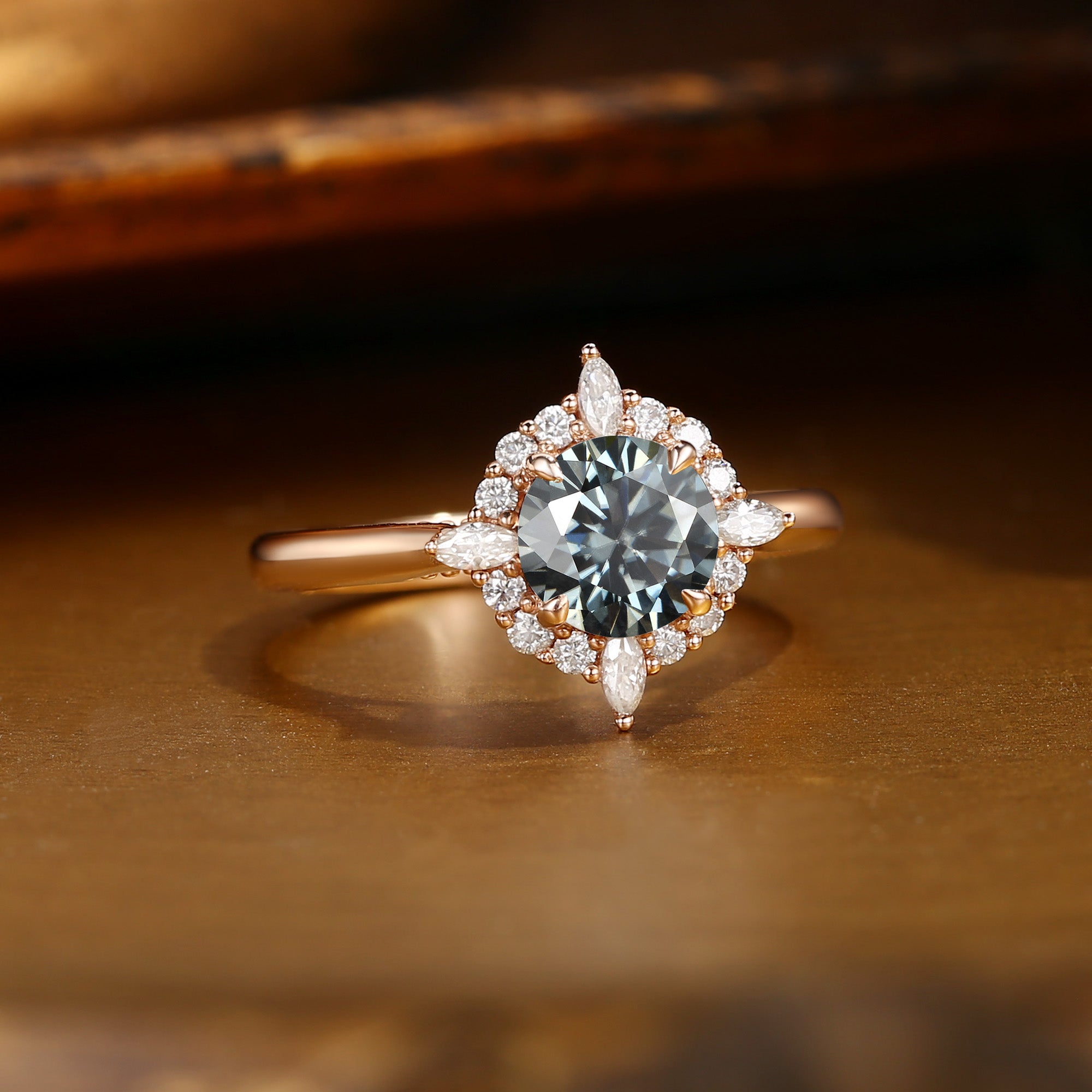 Gloria - Round Cut Grey Moissanite Halo Engagement Ring