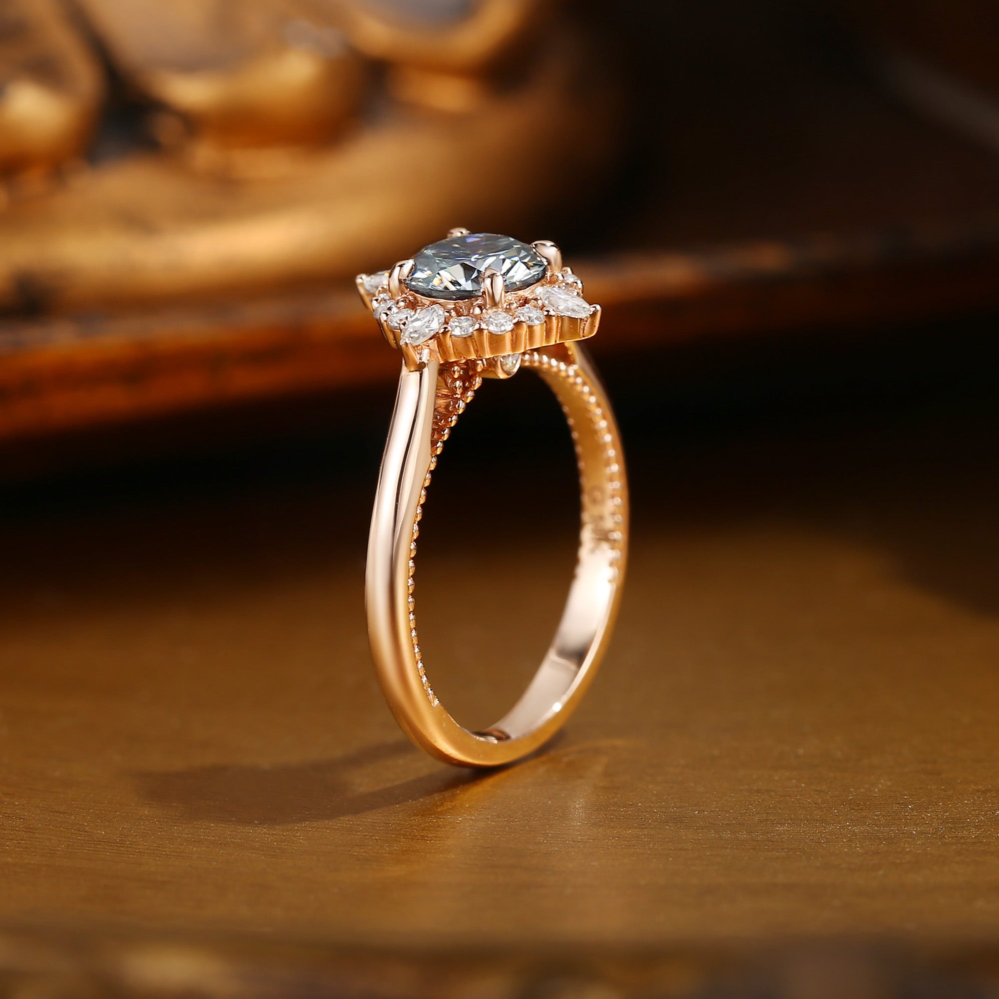 Gloria - Round Cut Grey Moissanite Halo Engagement Ring