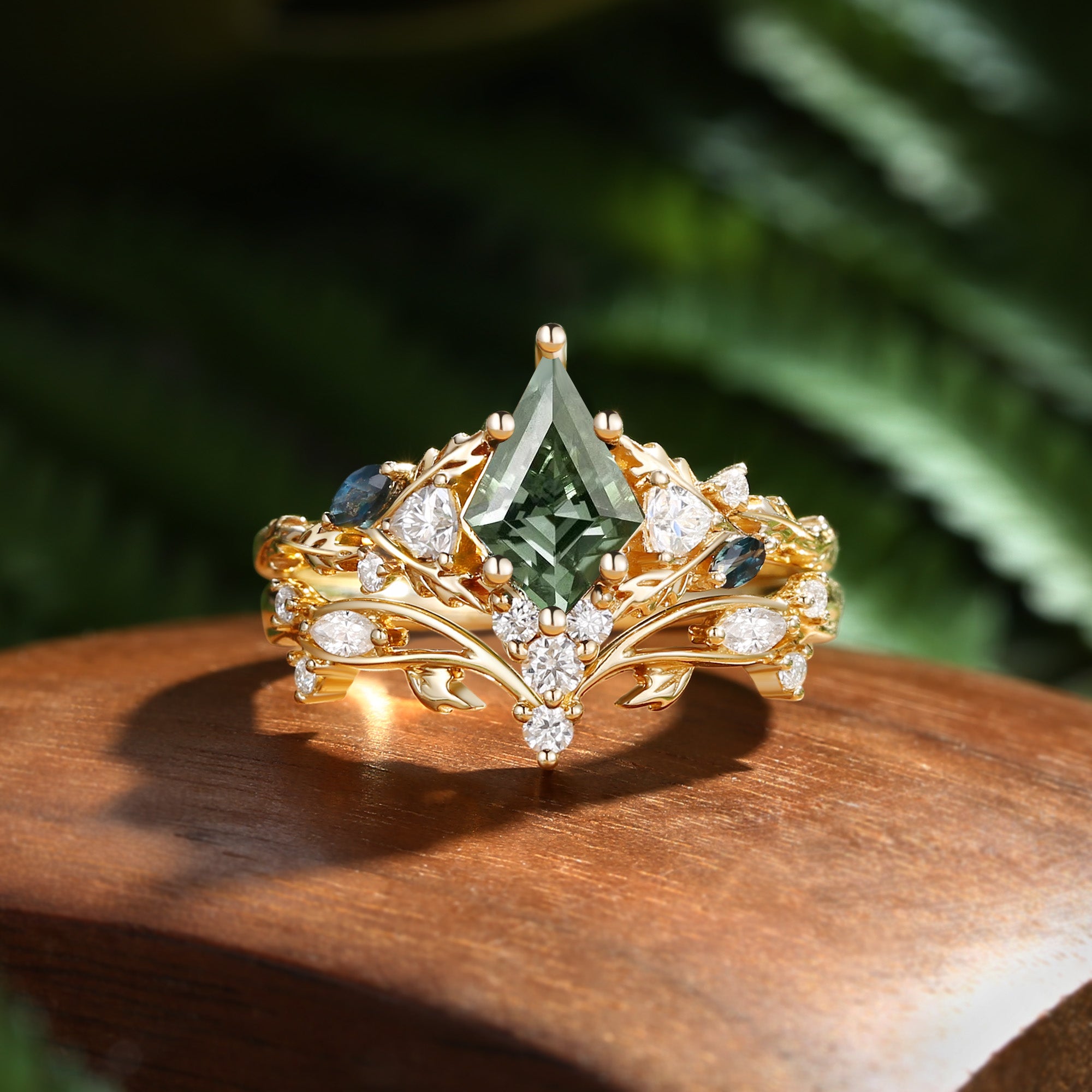 Katriel - 1.5CT Kite Cut Lab Green Sapphire Oak Leaf Fairy Bridal Sets 2pcs