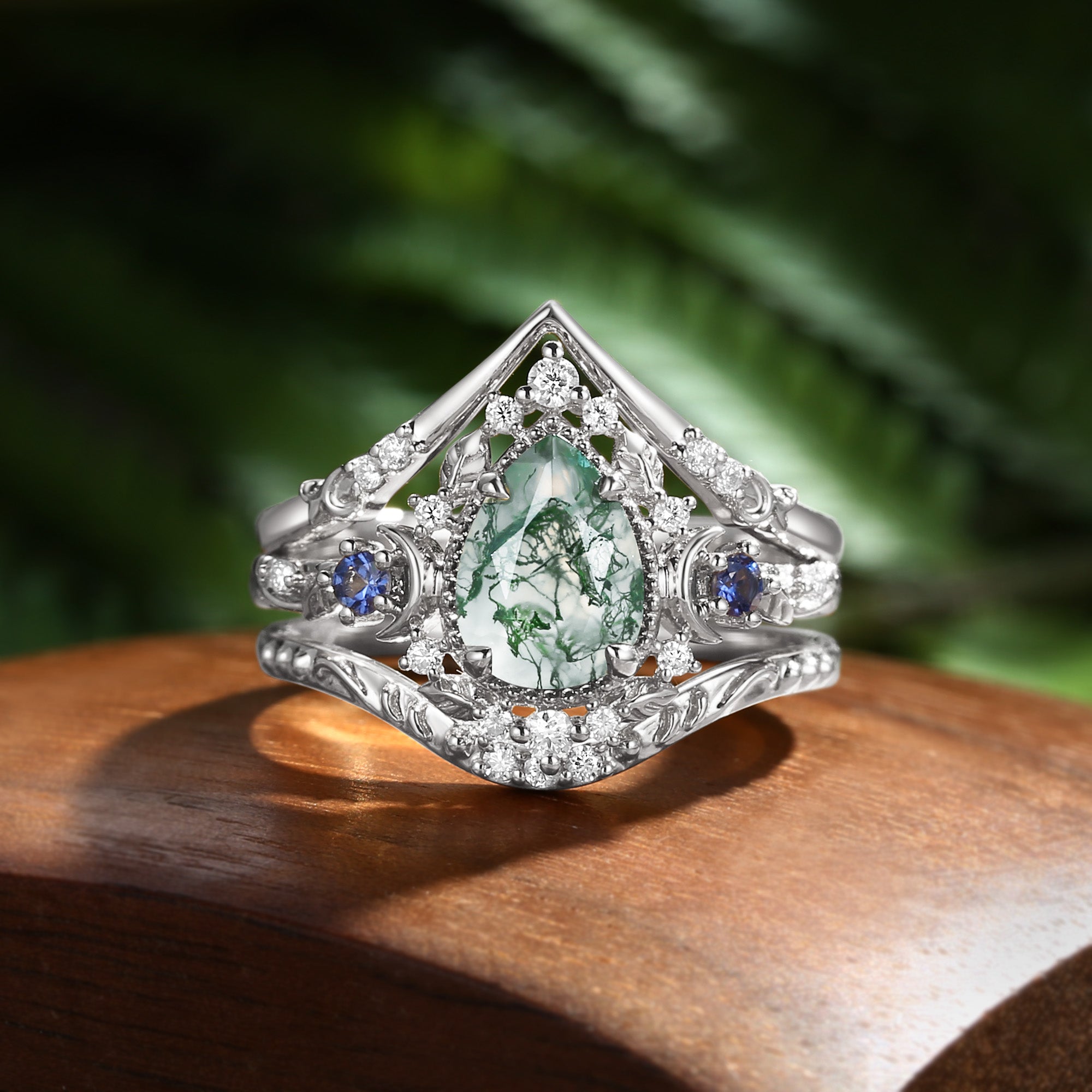 Yuna - Unique Moonlight Moss Agate Pear Cut Vine Leaf Ring Bridal Sets 2pcs