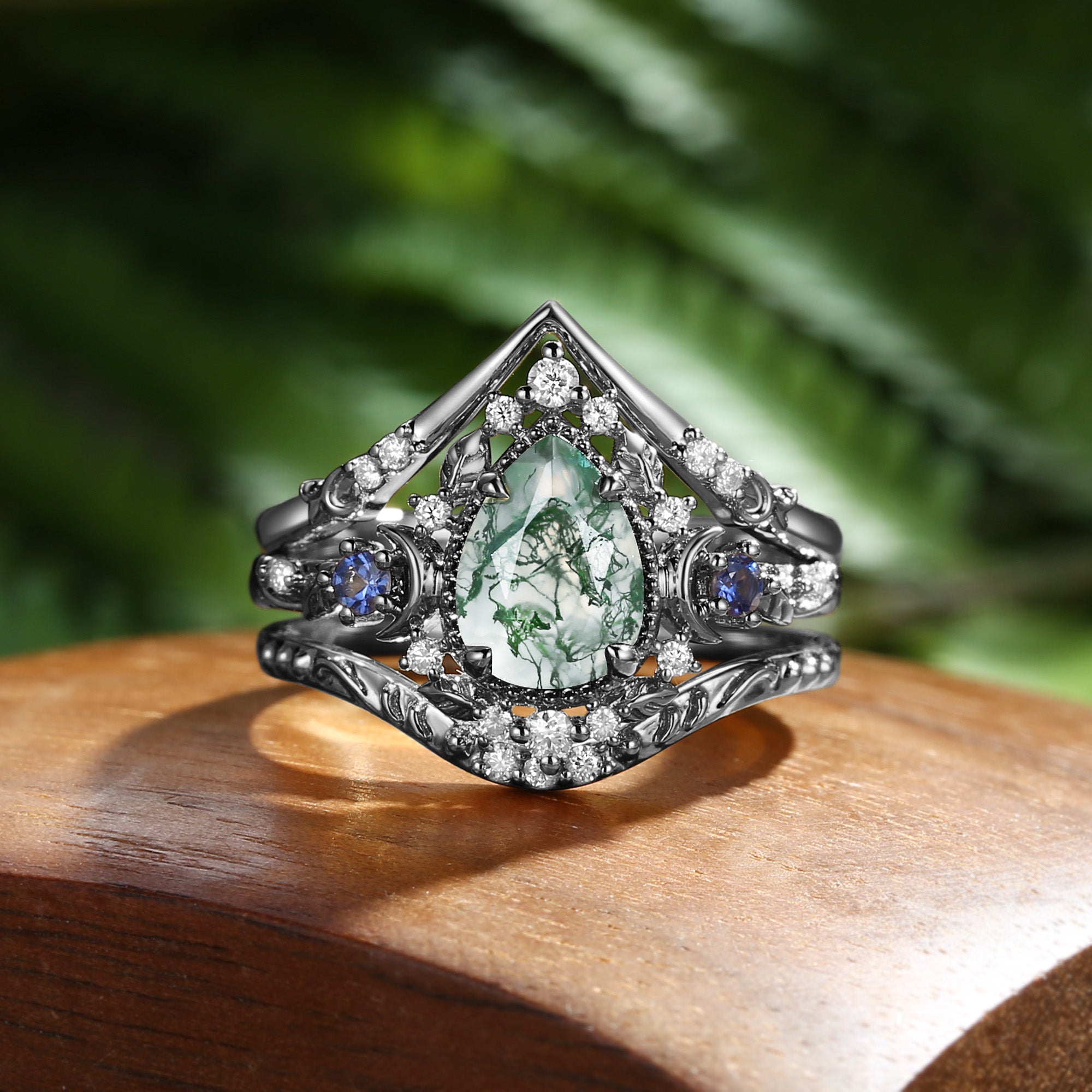 Yuna - Unique Moonlight Moss Agate Pear Cut Vine Leaf Ring Bridal Sets 2pcs