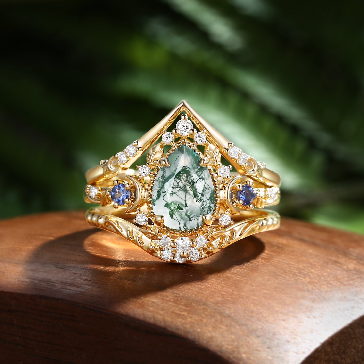 Yuna - Unique Moonlight Moss Agate Pear Cut Vine Leaf Ring Bridal Sets 2pcs