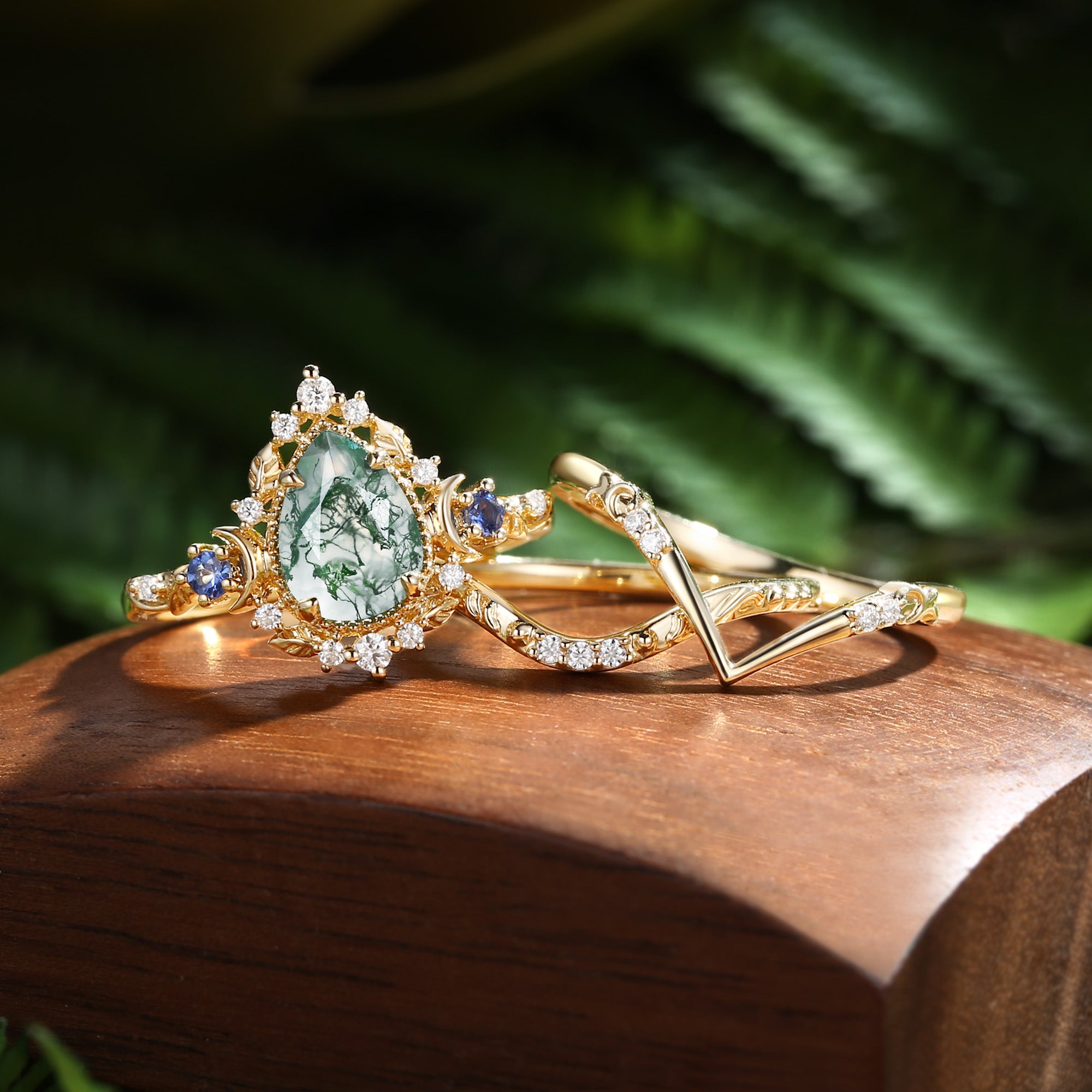 Yuna - Unique Moonlight Moss Agate Pear Cut Vine Leaf Ring Bridal Sets 2pcs