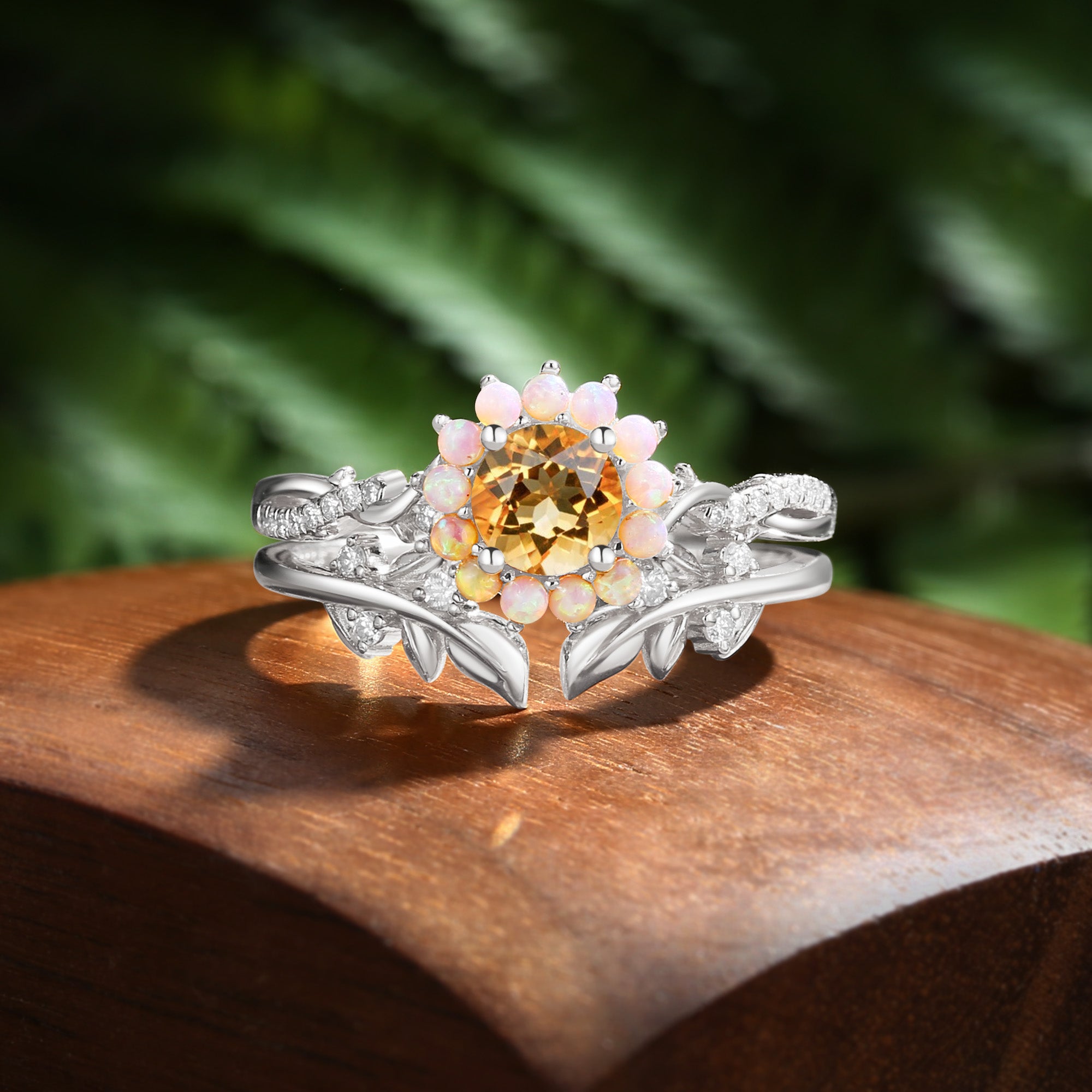 Flora - Halo Round Cut Citrine Leaf Twist Ring Bridal Sets 2pcs
