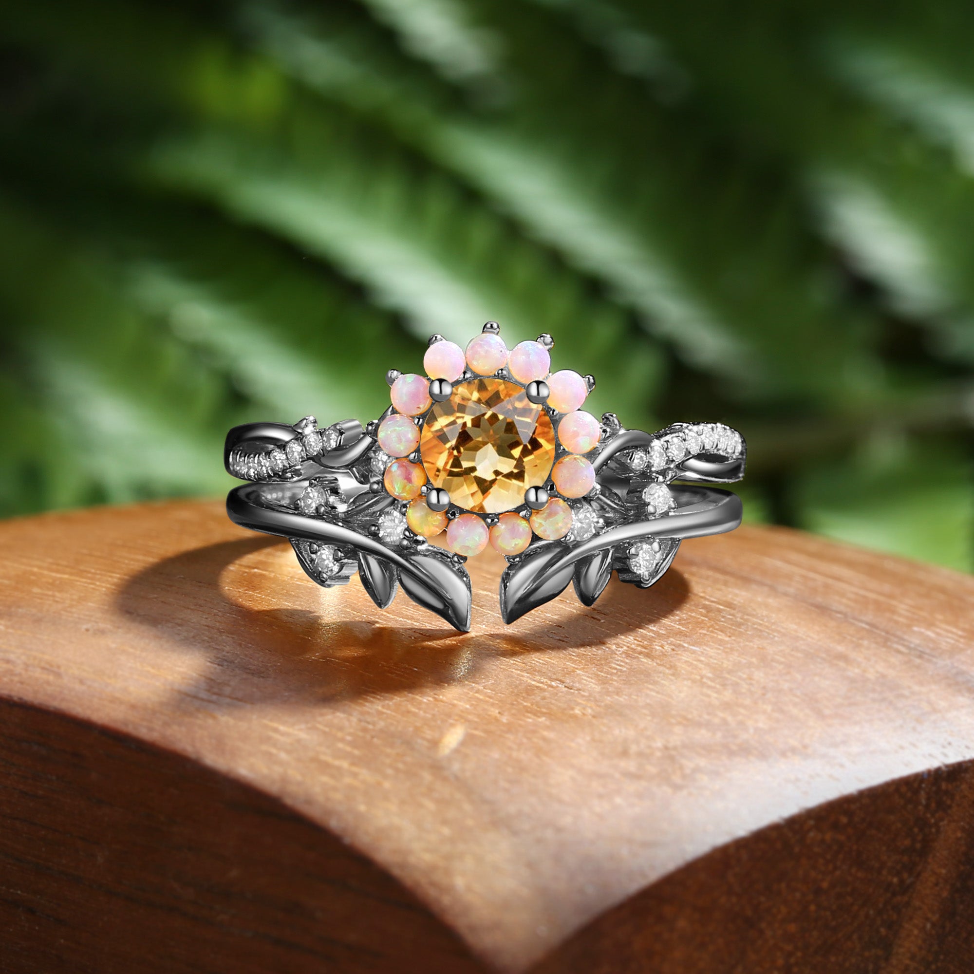 Flora - Halo Round Cut Citrine Leaf Twist Ring Bridal Sets 2pcs