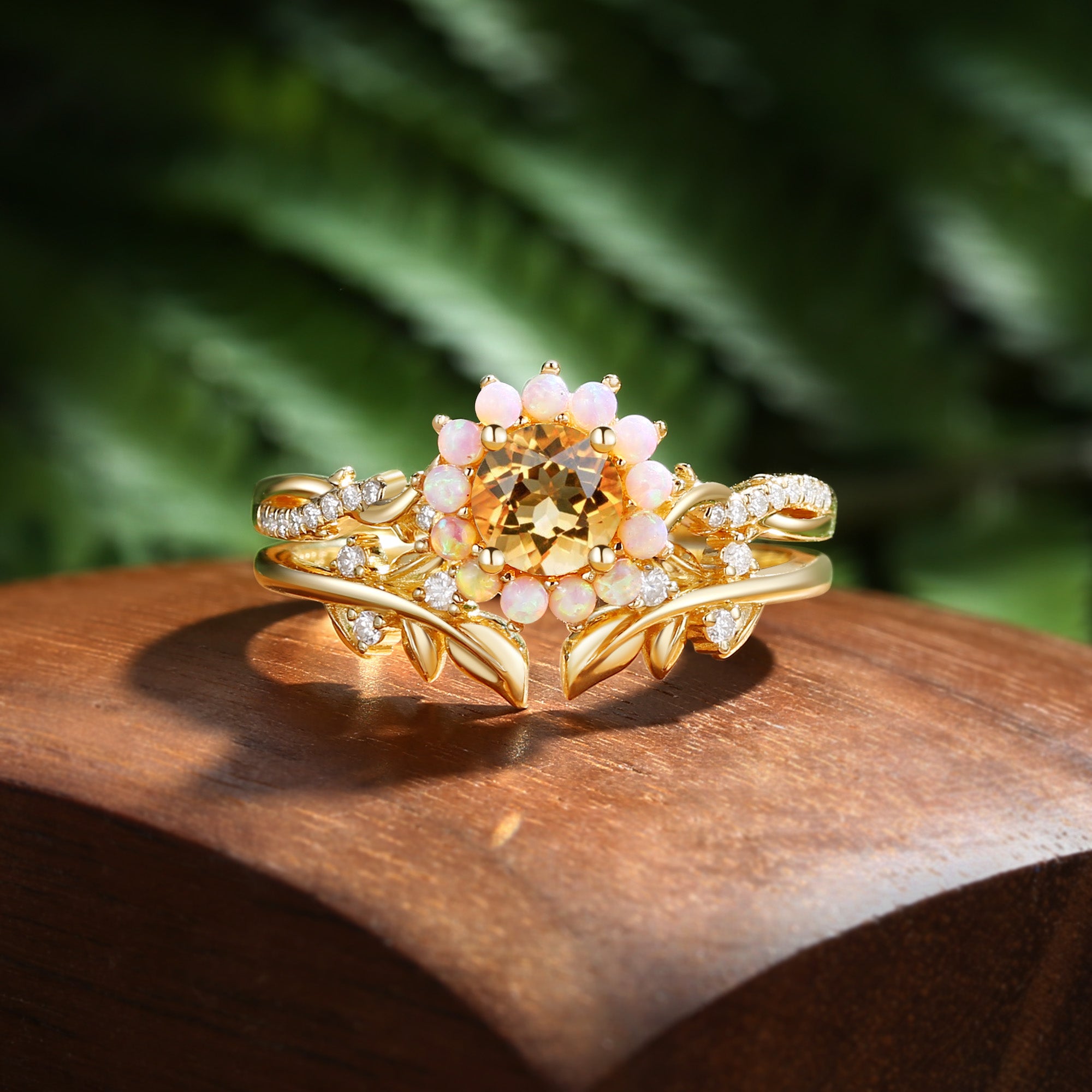 Flora - Halo Round Cut Citrine Leaf Twist Ring Bridal Sets 2pcs