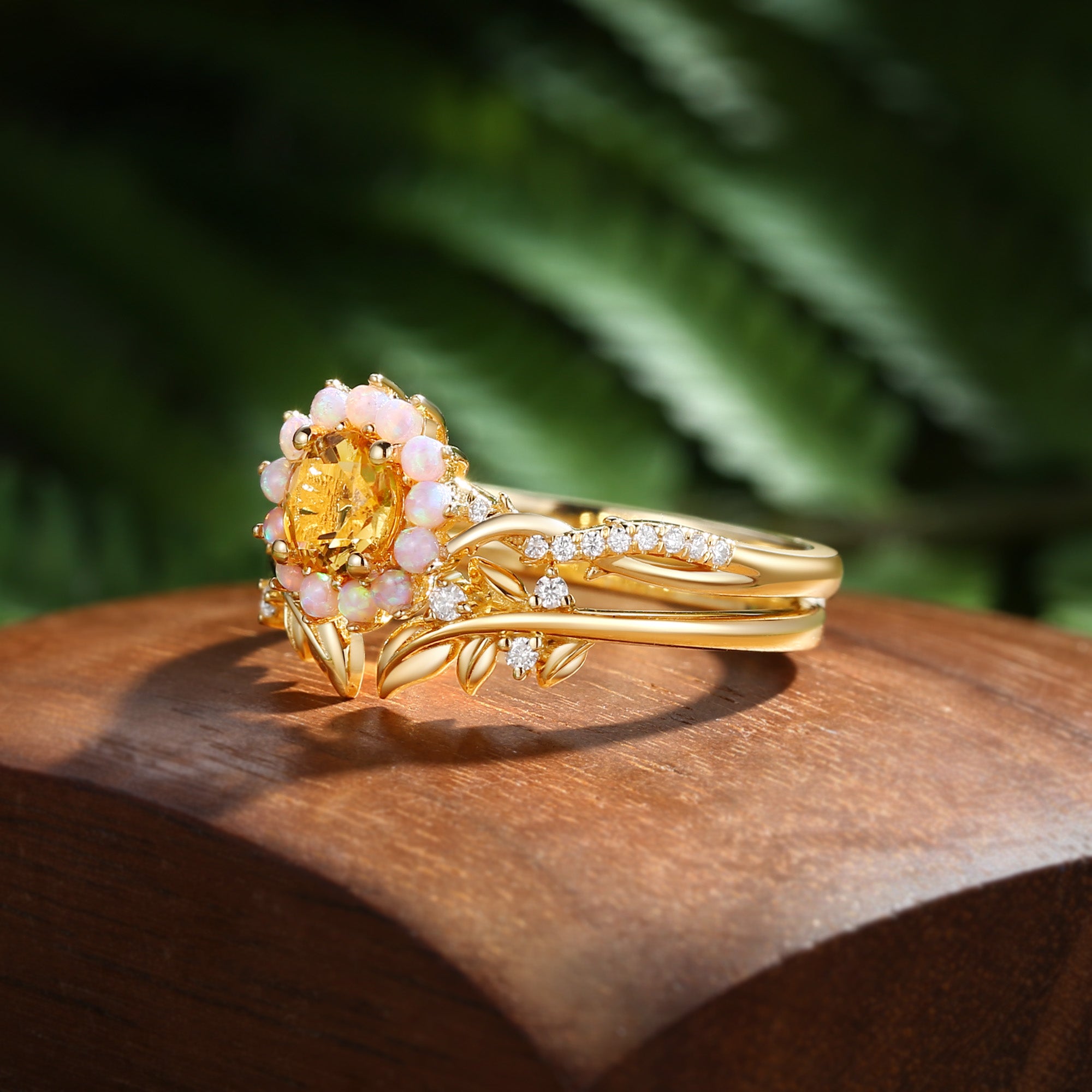 Flora - Halo Round Cut Citrine Leaf Twist Ring Bridal Sets 2pcs