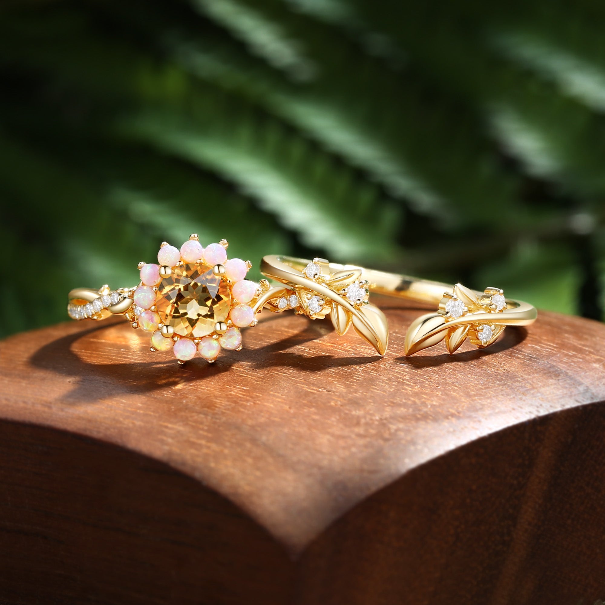 Flora - Halo Round Cut Citrine Leaf Twist Ring Bridal Sets 2pcs
