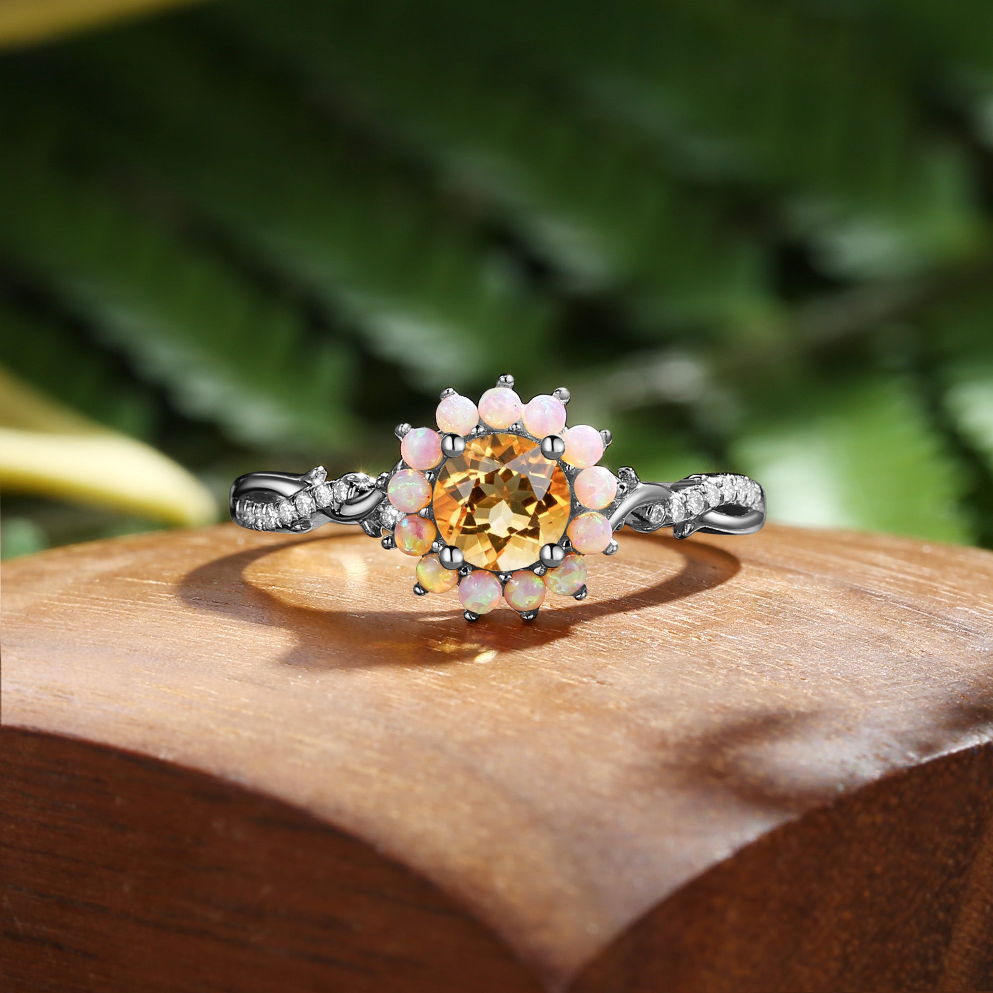 Flora - Halo Round Cut Citrine Leaf Twist Engagement Ring