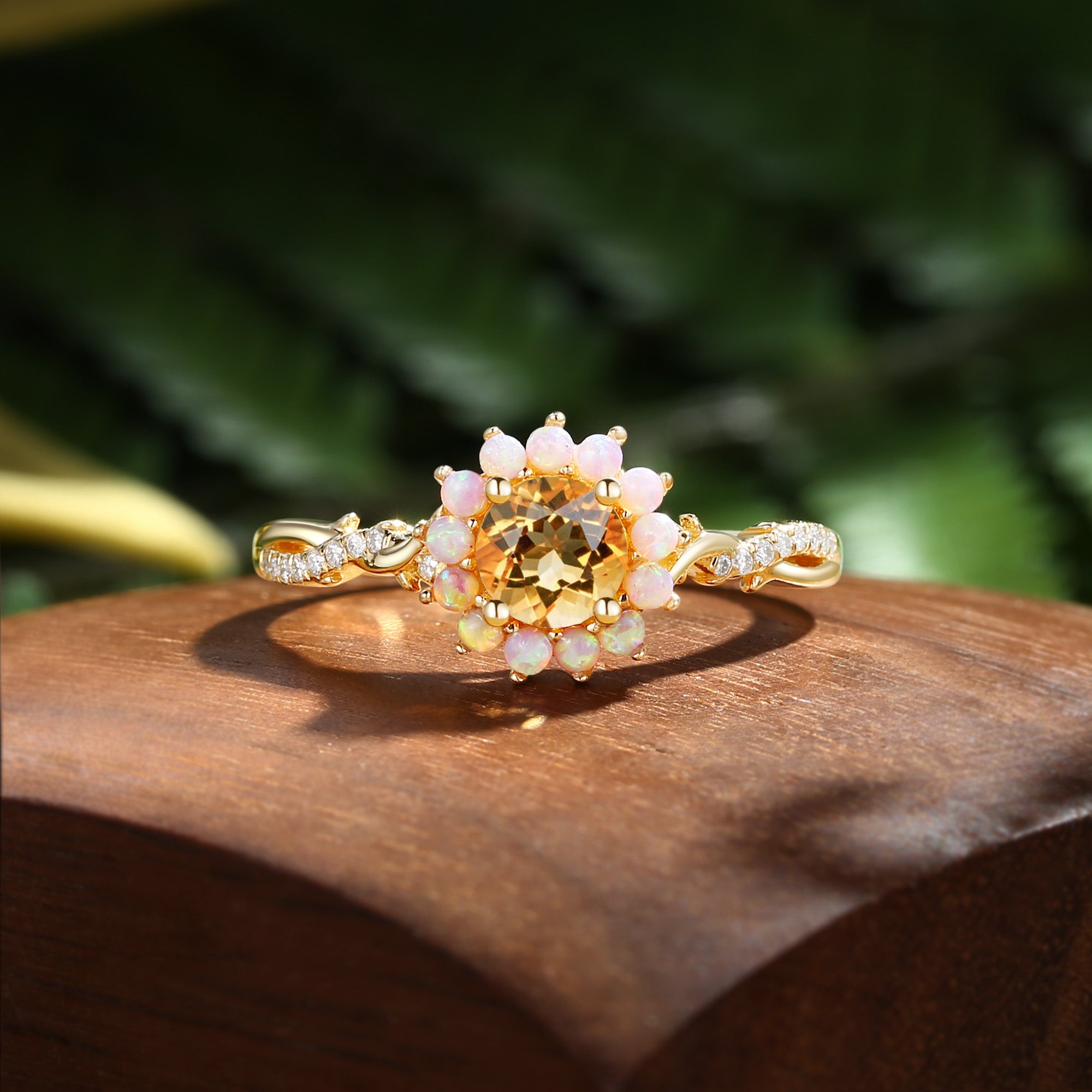 Flora - Halo Round Cut Citrine Leaf Twist Engagement Ring