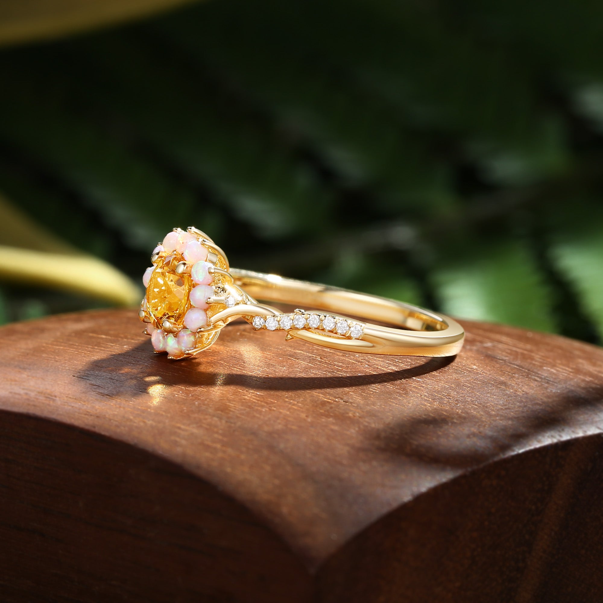 Flora - Halo Round Cut Citrine Leaf Twist Engagement Ring