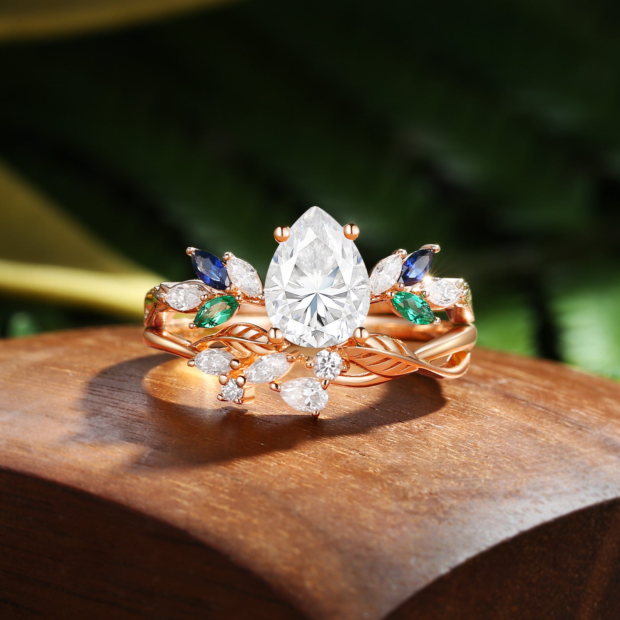 Abella - Pear Cut Moissanite & Sapphire & Emerald Butterfly Leaf Bridal Sets 2pcs