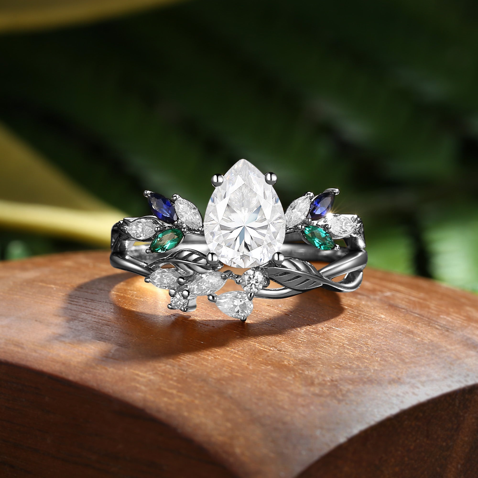 Abella - Pear Cut Moissanite & Sapphire & Emerald Butterfly Leaf Bridal Sets 2pcs