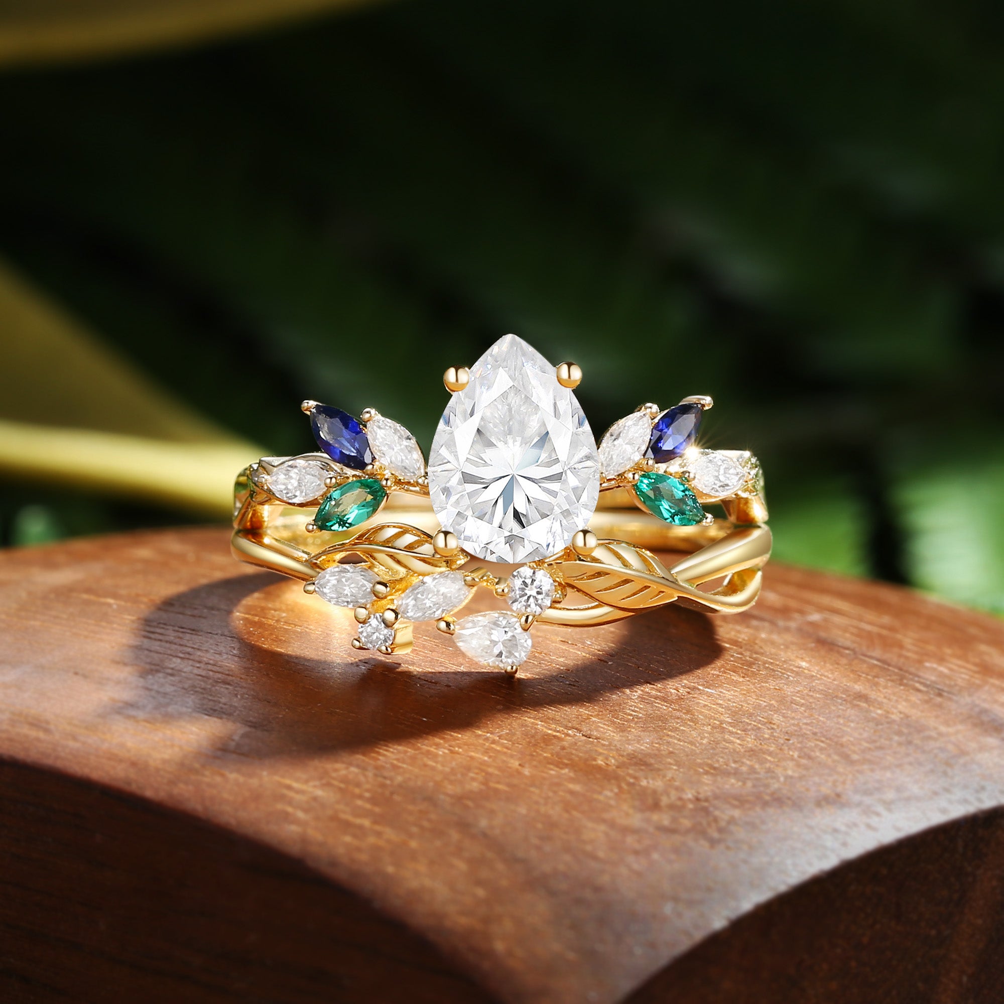 Abella - Pear Cut Moissanite & Sapphire & Emerald Butterfly Leaf Bridal Sets 2pcs