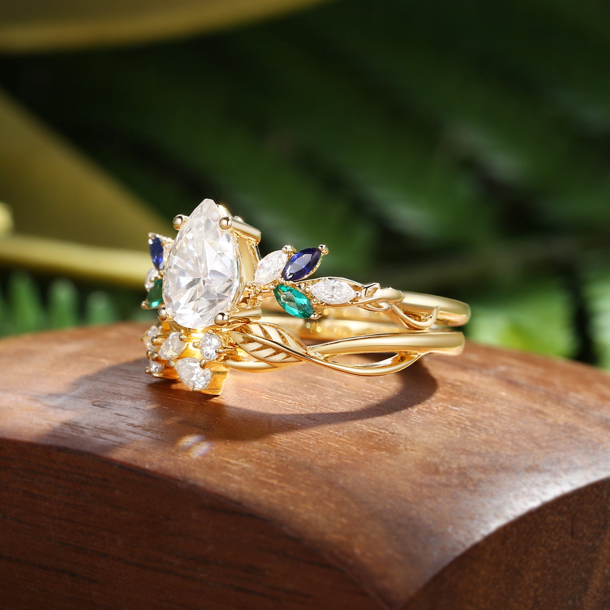 Abella - Pear Cut Moissanite & Sapphire & Emerald Butterfly Leaf Bridal Sets 2pcs