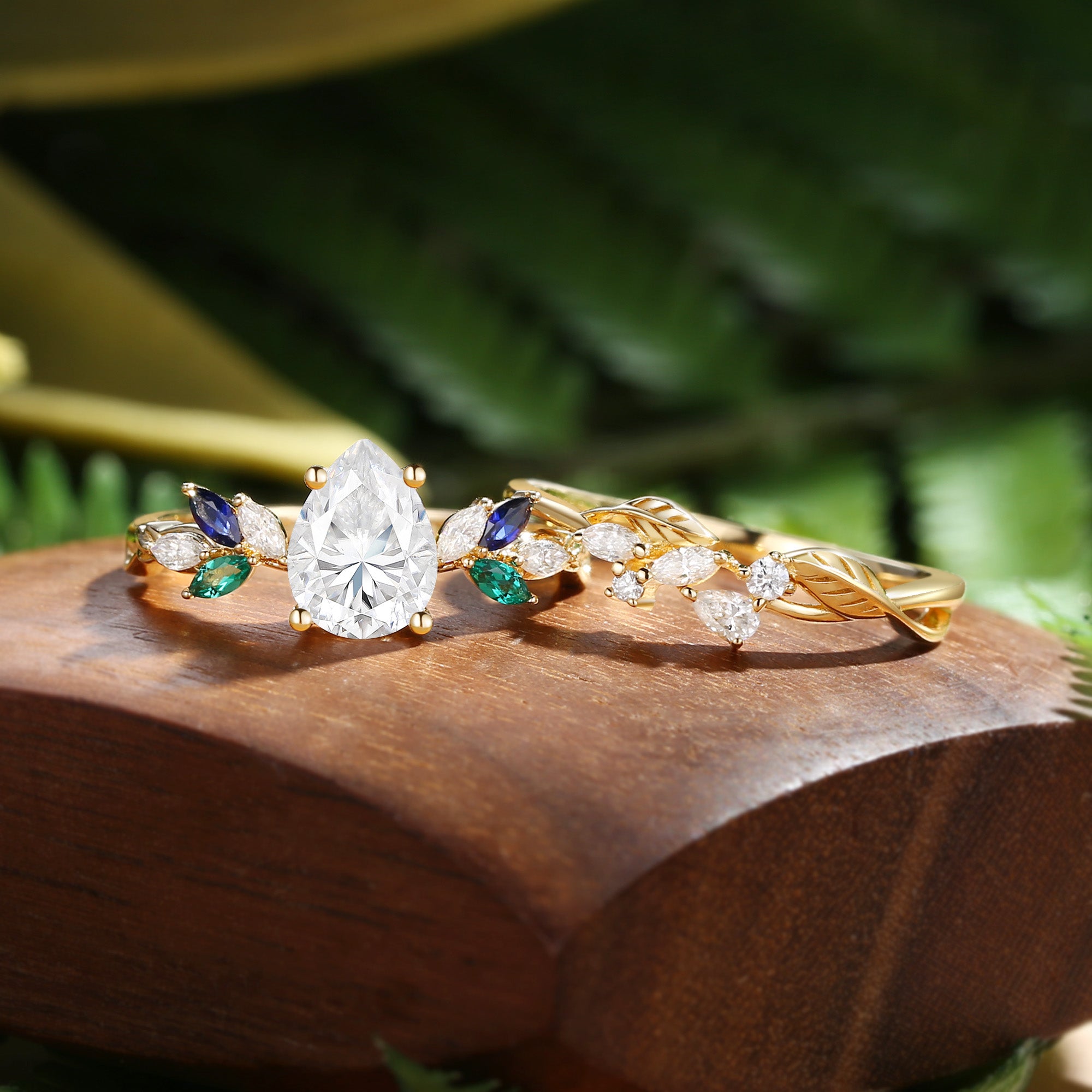 Abella - Pear Cut Moissanite & Sapphire & Emerald Butterfly Leaf Bridal Sets 2pcs