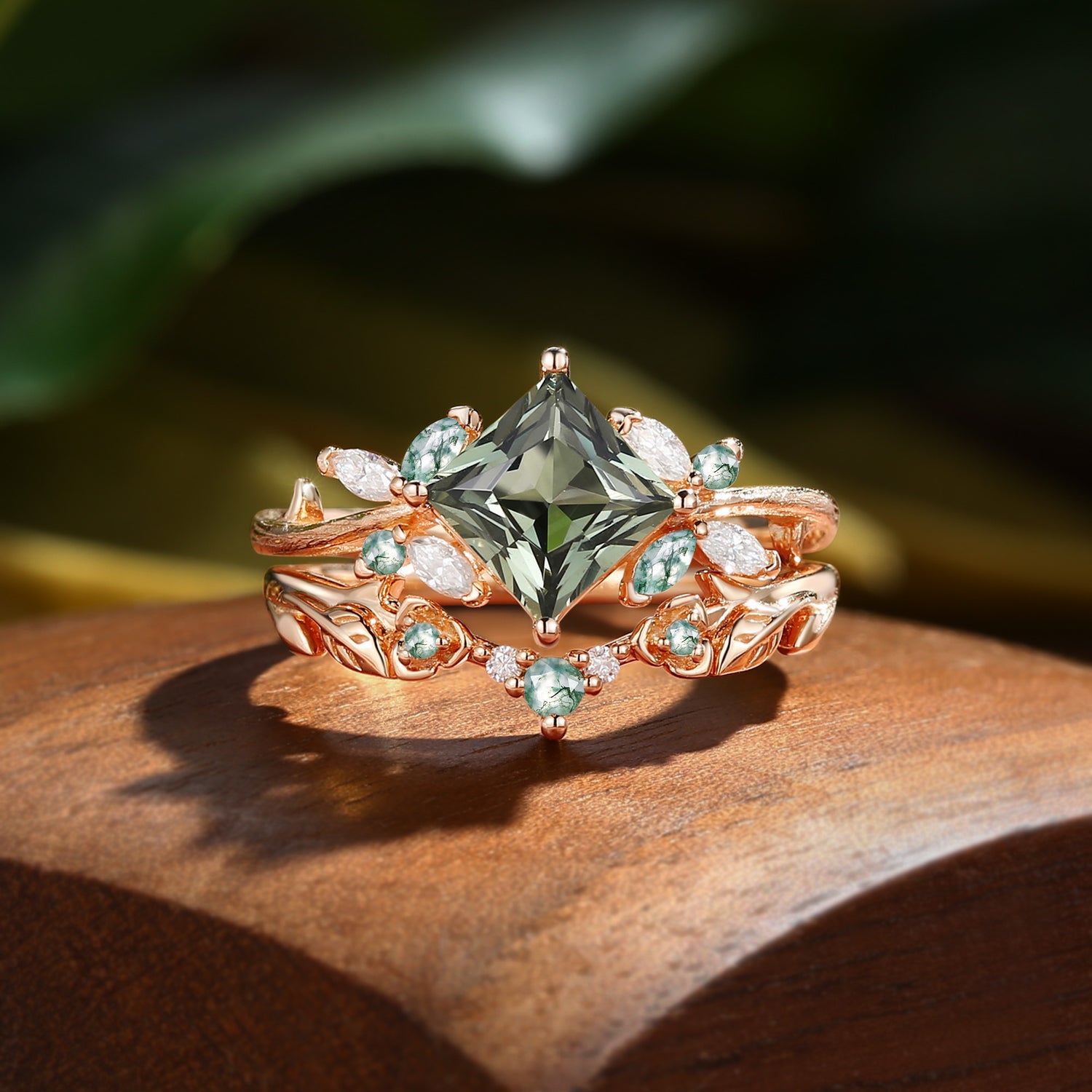 Glenna - Princess Cut Lab Green Sapphire Butterfly Fairy Bridal Sets 2pcs